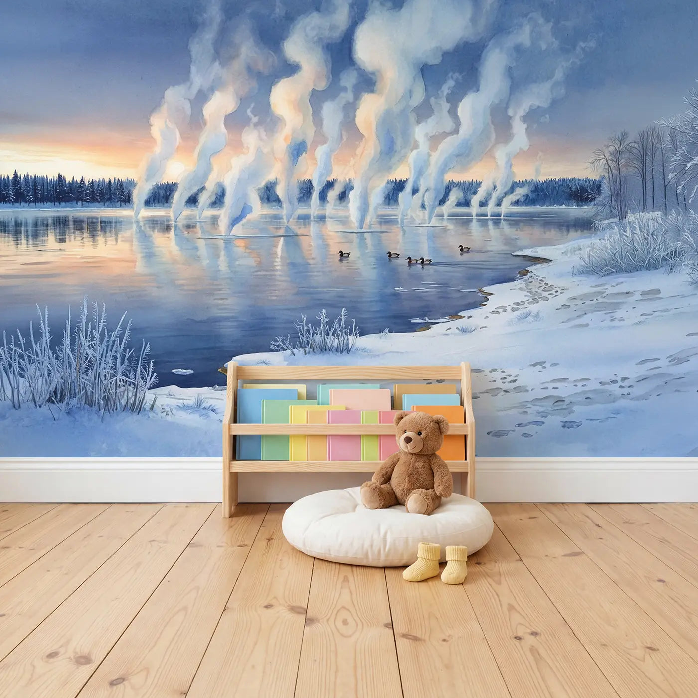 Frost Smoke Winter Lake Dawn Wallpaper Mural in playroom setting by Whimsy Tots
