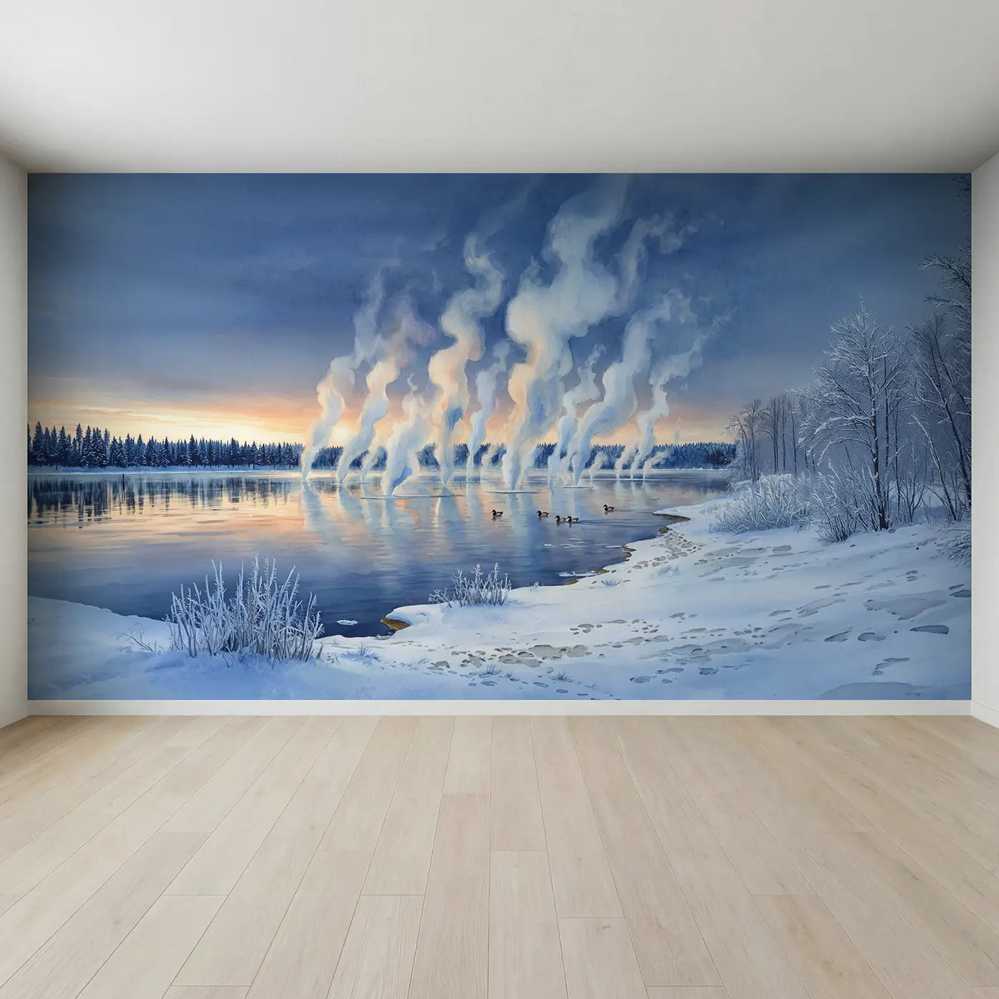 Full view of Frost Smoke Winter Lake Dawn Wallpaper Mural by Whimsy Tots
