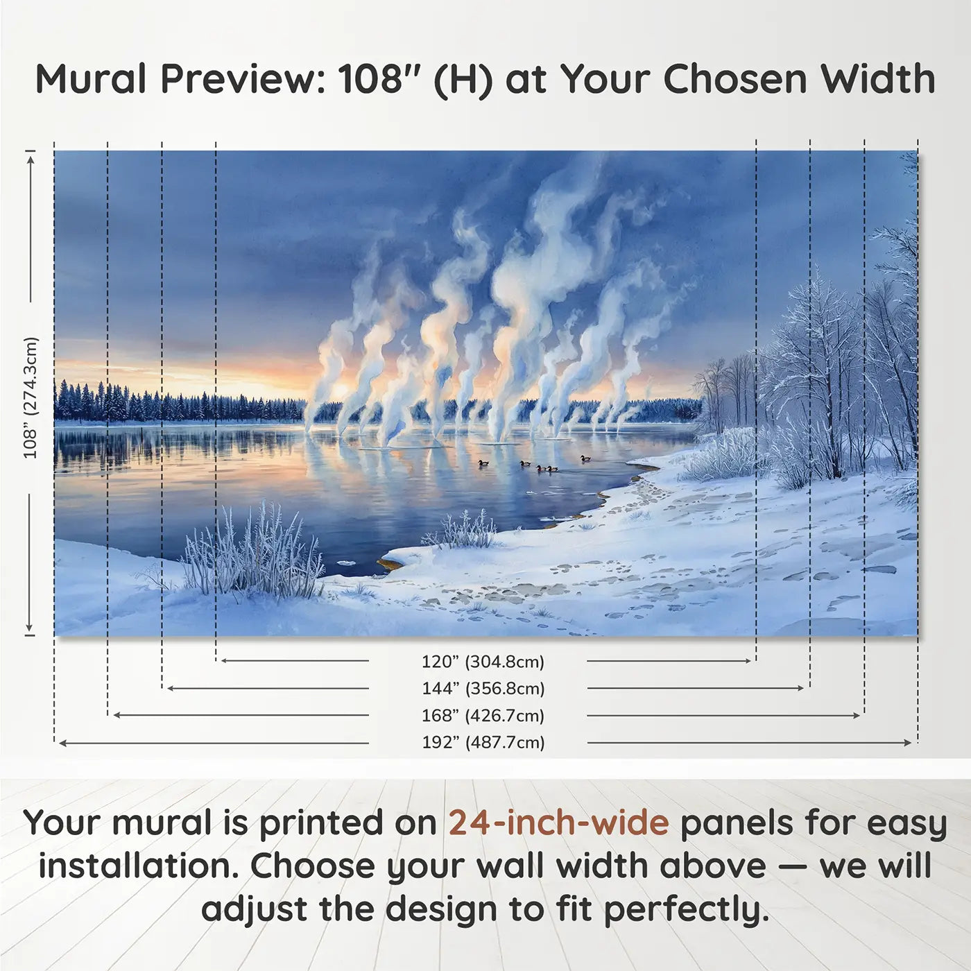 Panel layout and dimensions for Frost Smoke Winter Lake Dawn Wallpaper Mural by Whimsy Tots