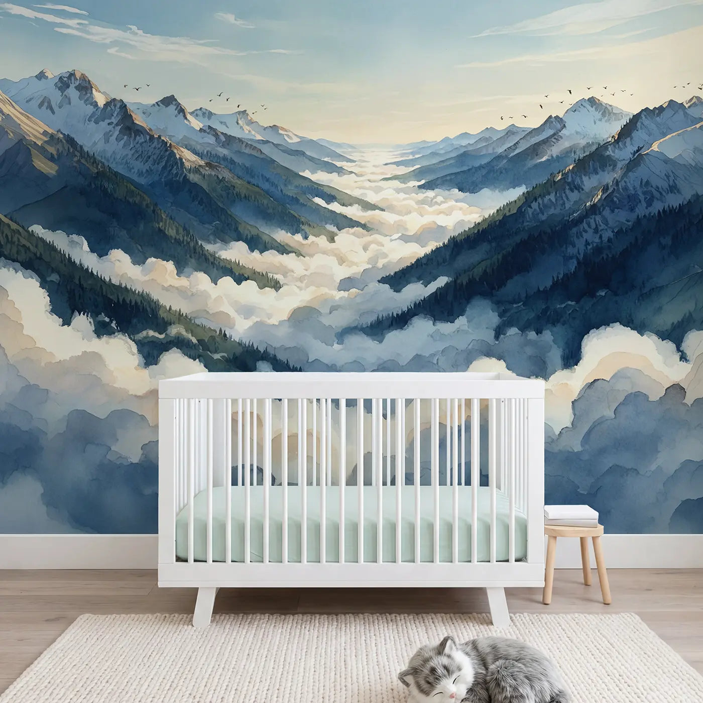 Watercolor mountain cloud corridor wallpaper mural for girls room by Whimsy Tots