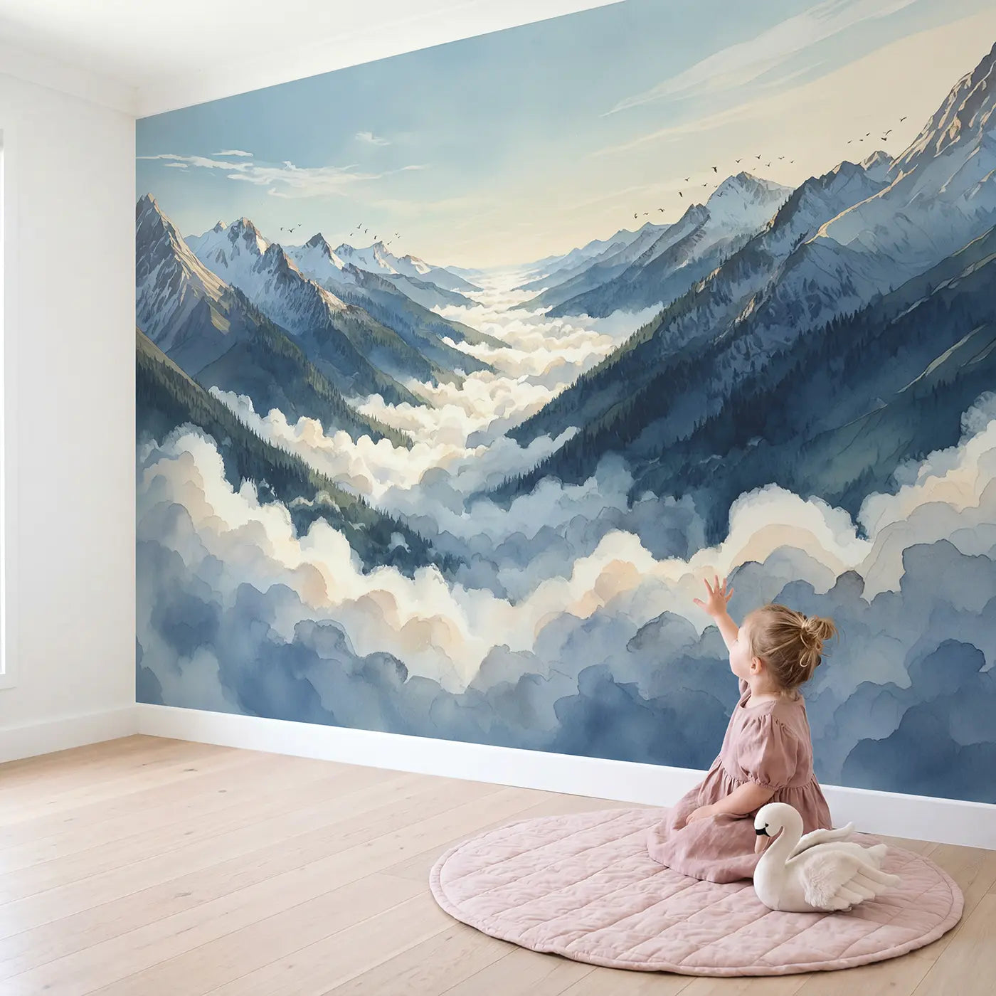 Child in nursery with Mountain Cloud Corridor Wallpaper Mural by Whimsy Tots