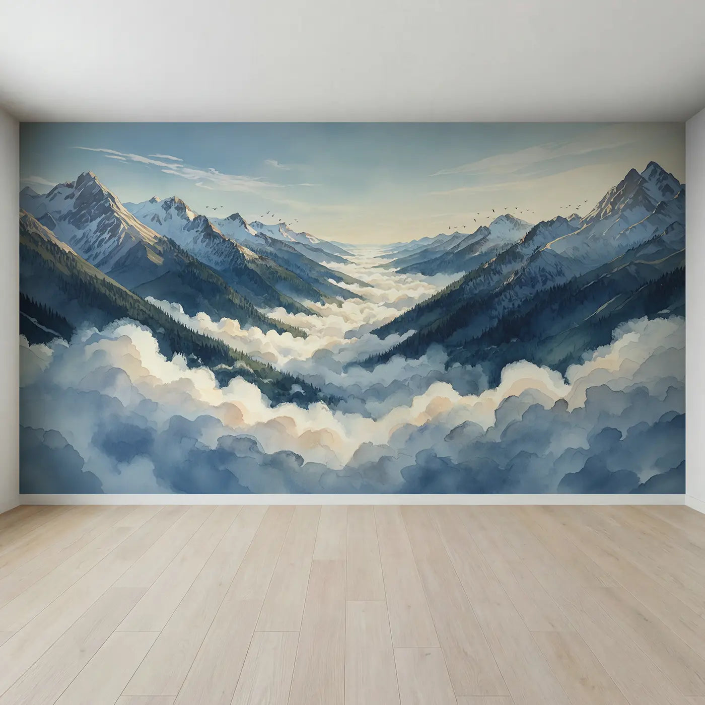 Full view of Mountain Cloud Corridor Wallpaper Mural by Whimsy Tots