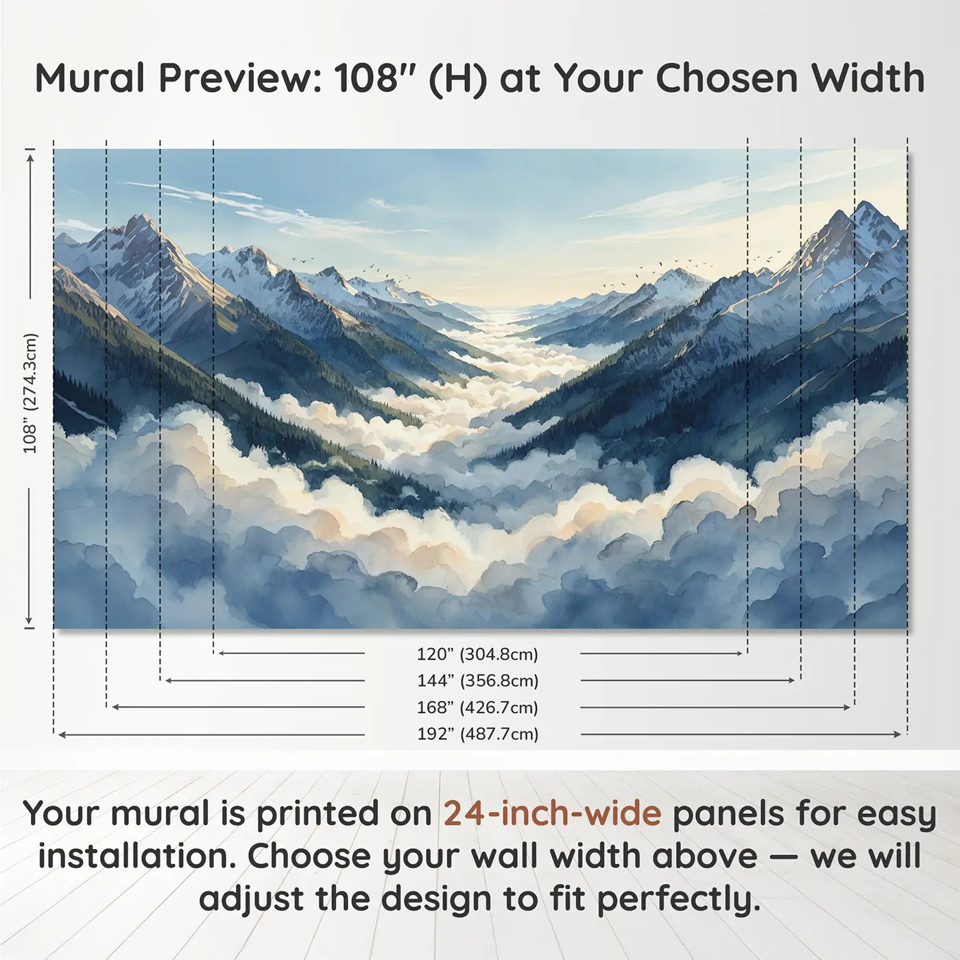 Panel layout and dimensions for Mountain Cloud Corridor Wallpaper Mural by Whimsy Tots
