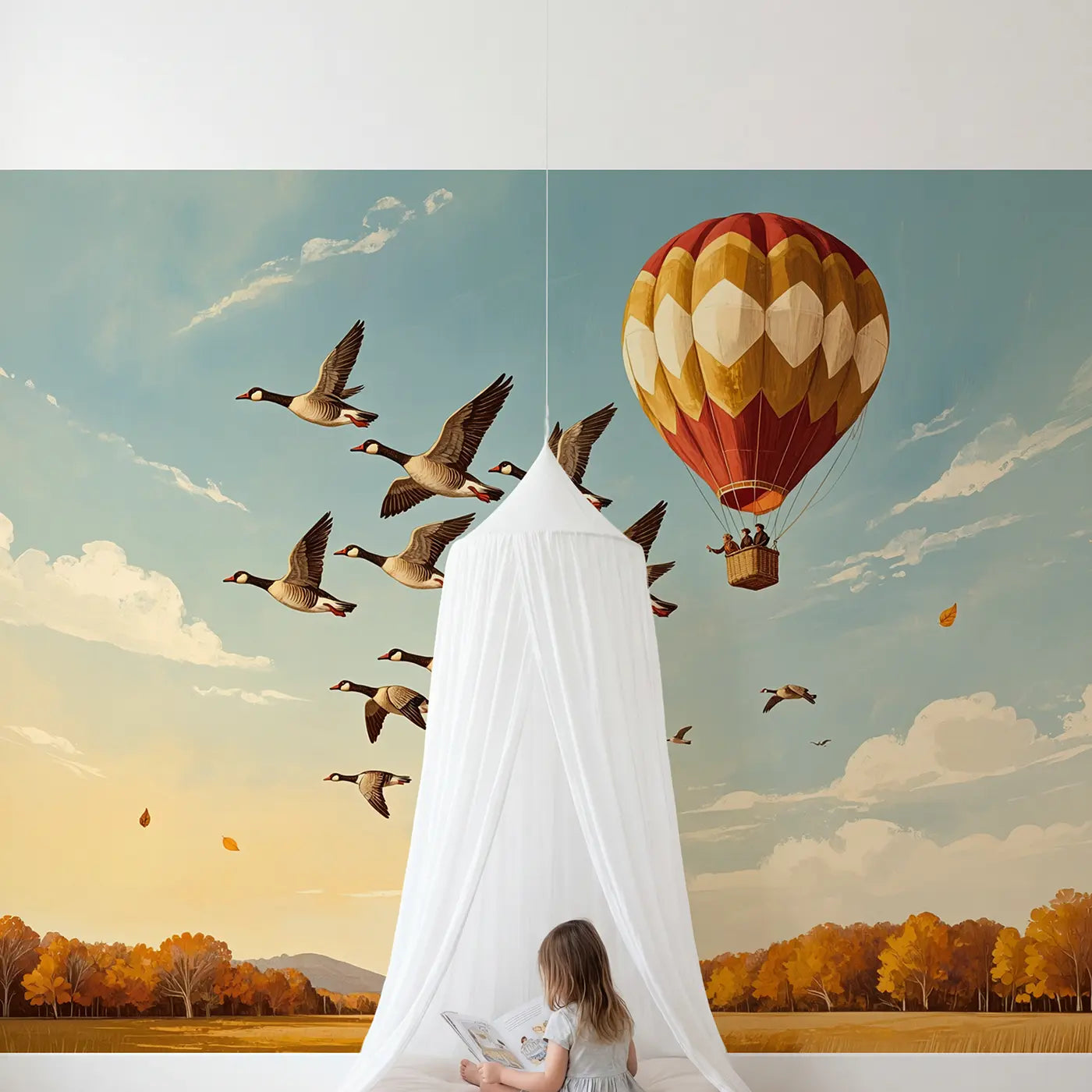 Child in nursery with Geese Formation and Balloon Wallpaper Mural by Whimsy Tots