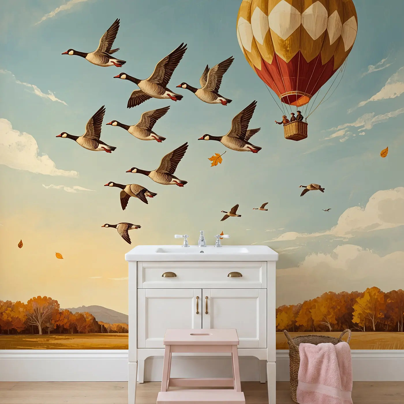 Geese Formation and Balloon Wallpaper Mural in playroom setting by Whimsy Tots