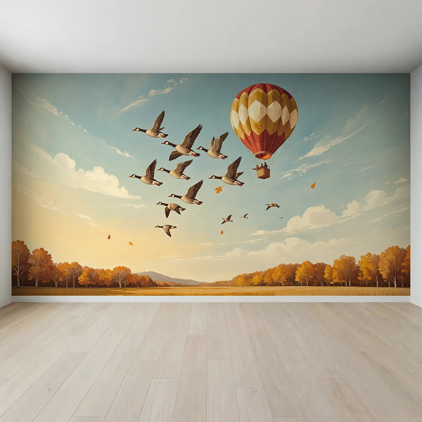Full view of Geese Formation and Balloon Wallpaper Mural by Whimsy Tots