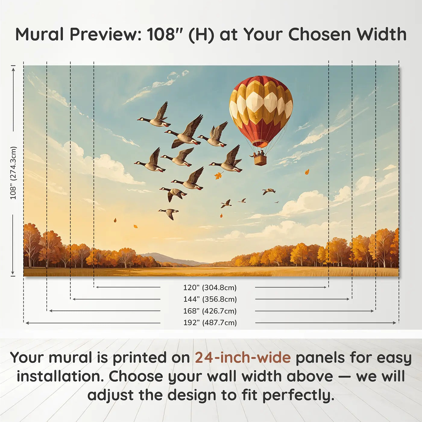 Panel layout and dimensions for Geese Formation and Balloon Wallpaper Mural by Whimsy Tots