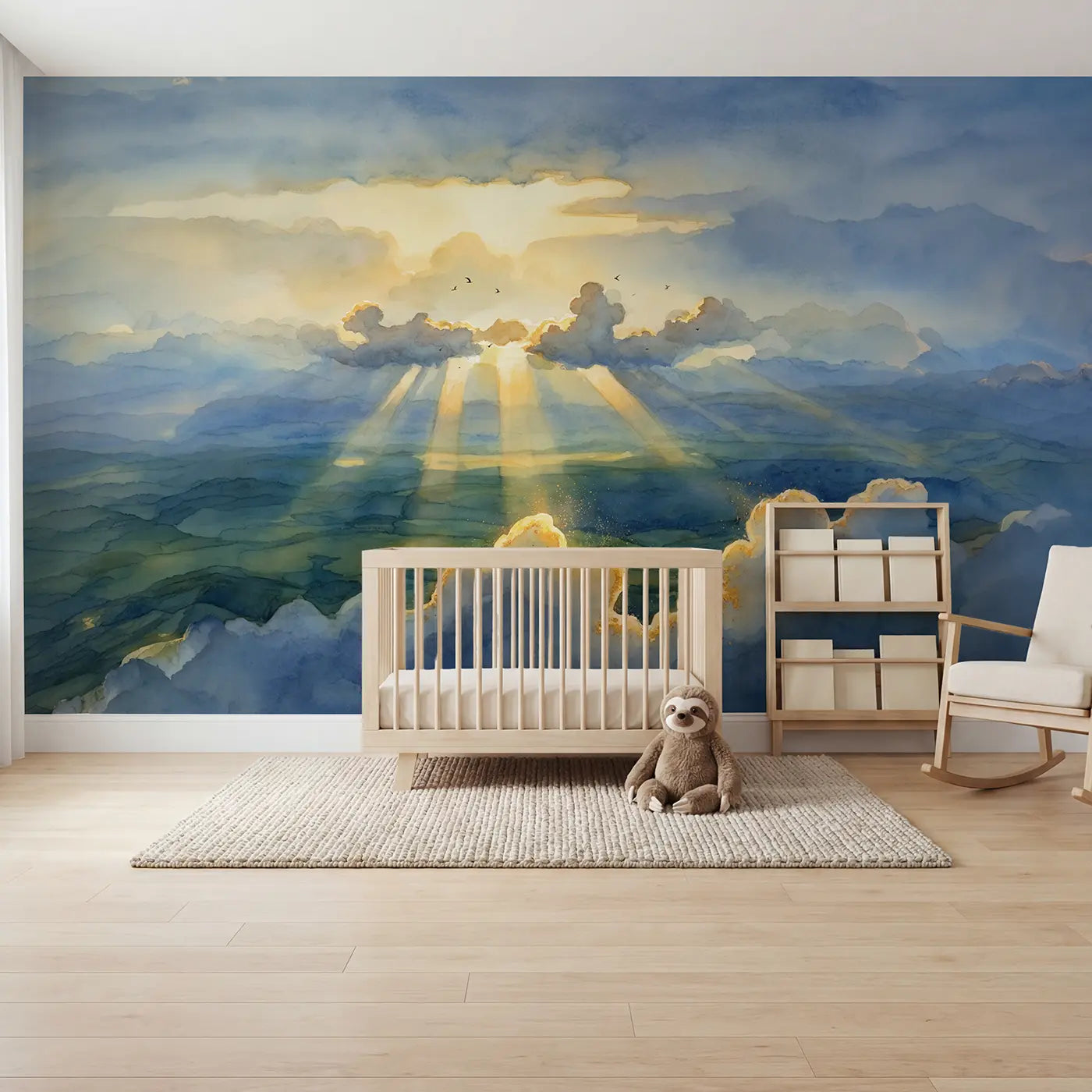 Watercolor morning god rays sky wallpaper mural for nursery by Whimsy Tots