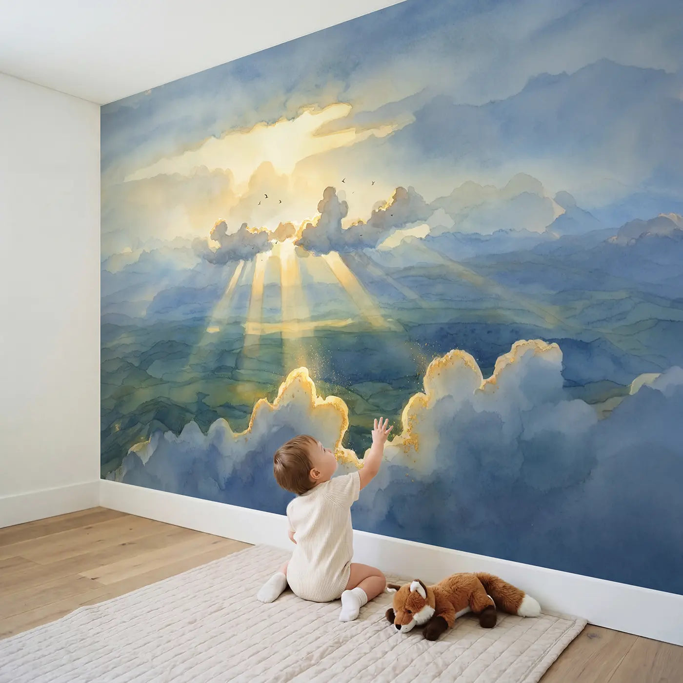 Child in nursery with Morning God Rays Sky Wallpaper Mural by Whimsy Tots