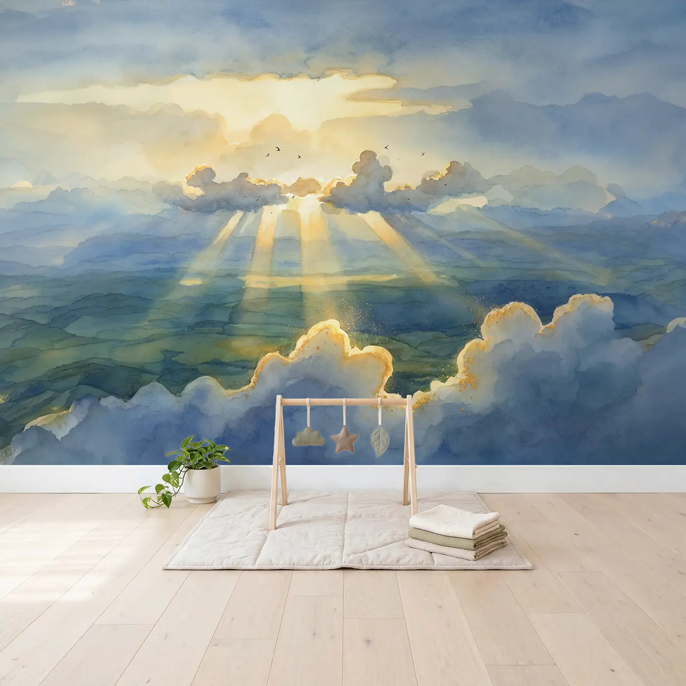 Morning God Rays Sky Wallpaper Mural in playroom setting by Whimsy Tots