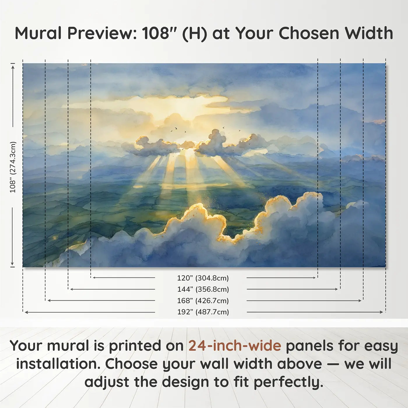 Panel layout and dimensions for Morning God Rays Sky Wallpaper Mural by Whimsy Tots