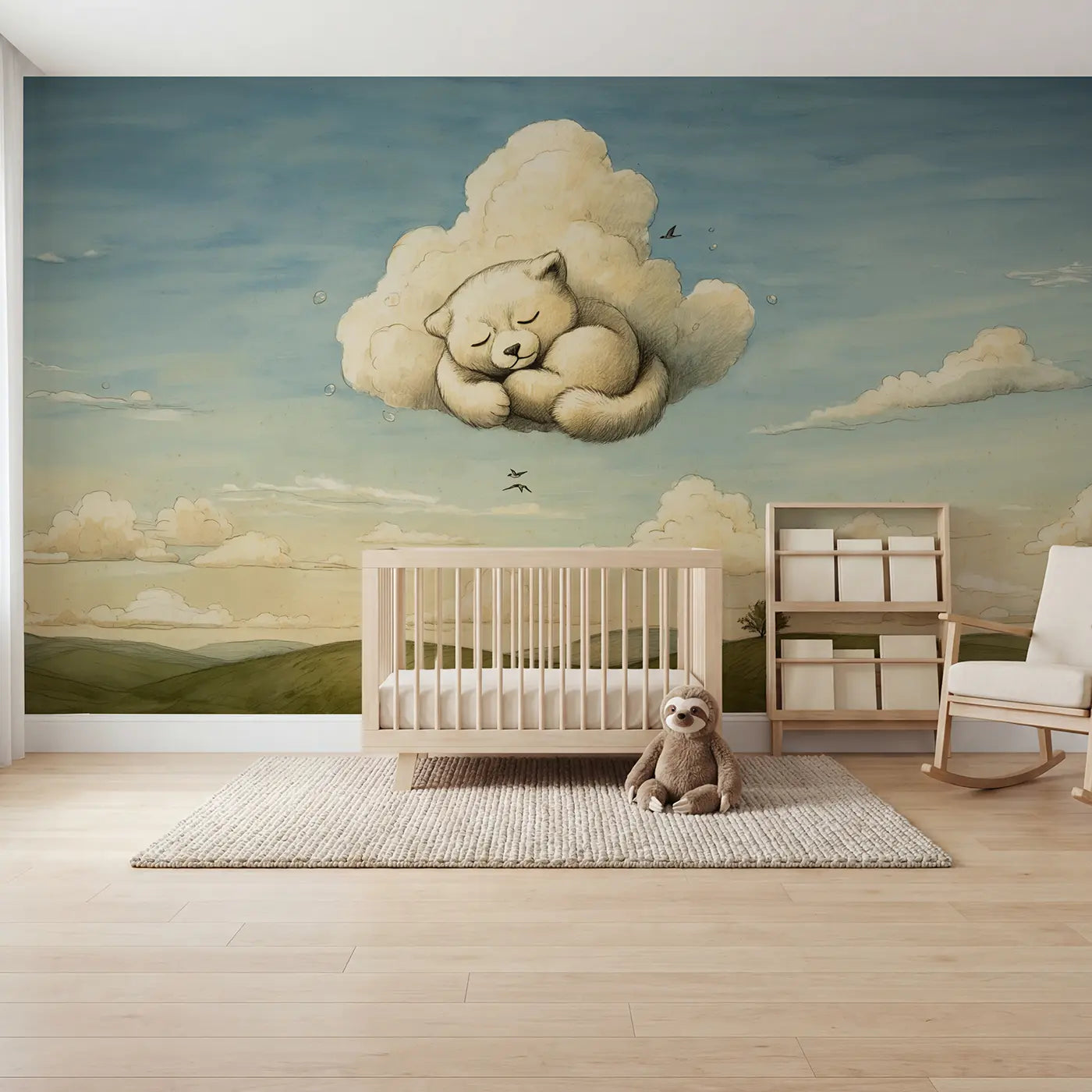 Storybook sleeping cloud animal sky wallpaper mural for kids room by Whimsy Tots
