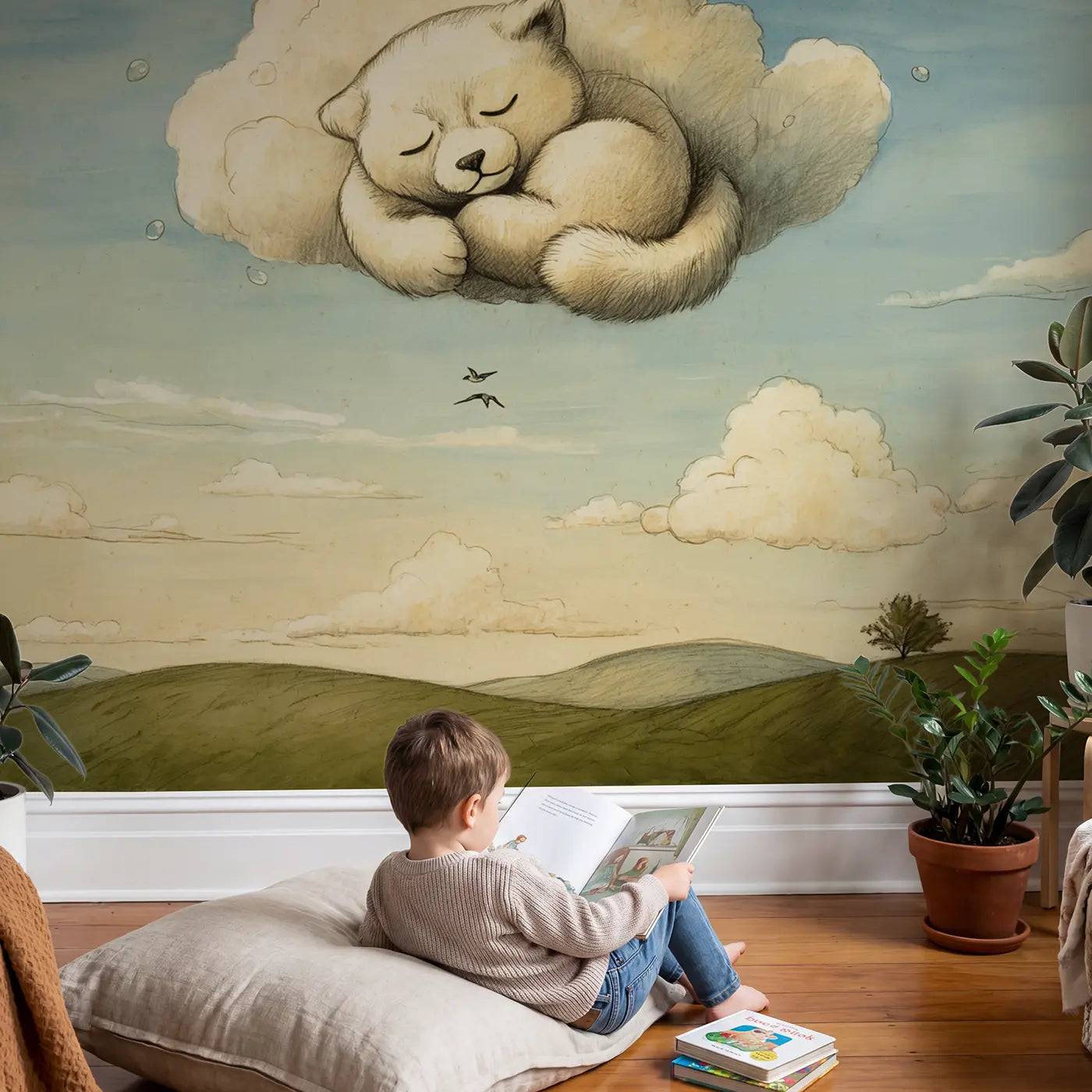 Child in nursery with Sleeping Cloud Animal Sky Wallpaper Mural by Whimsy Tots