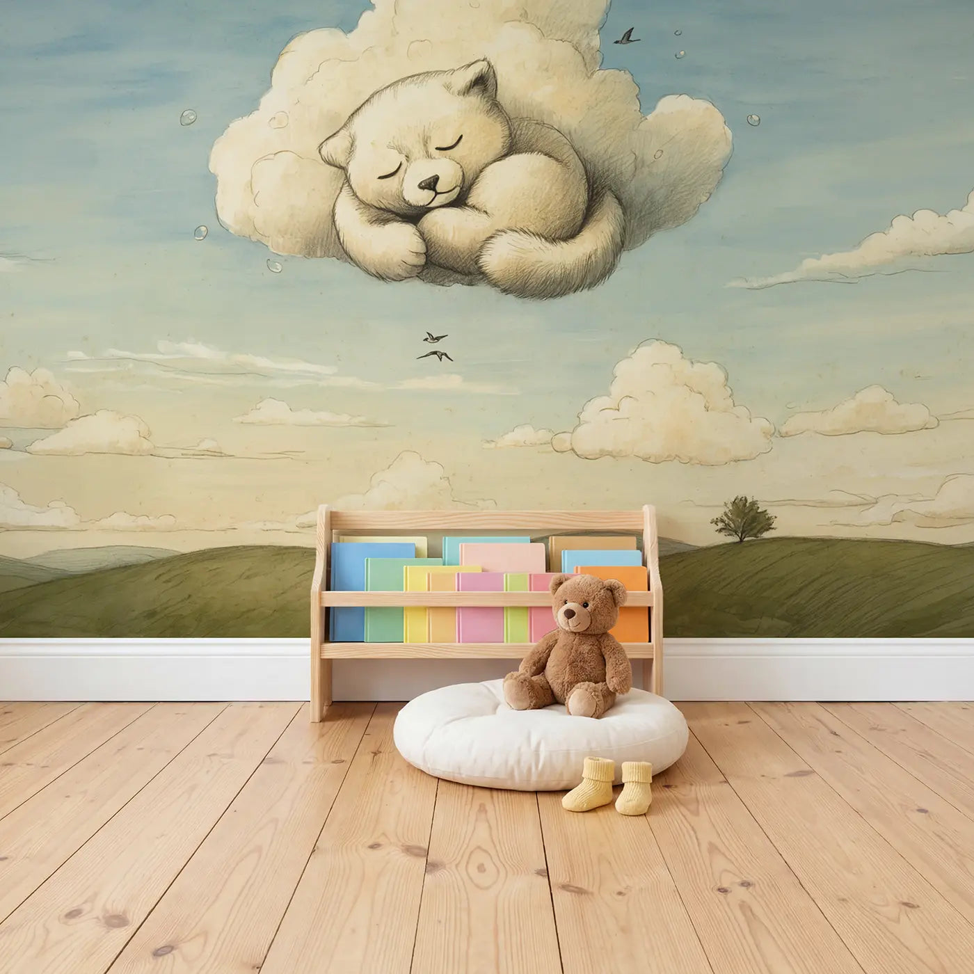 Sleeping Cloud Animal Sky Wallpaper Mural in playroom setting by Whimsy Tots