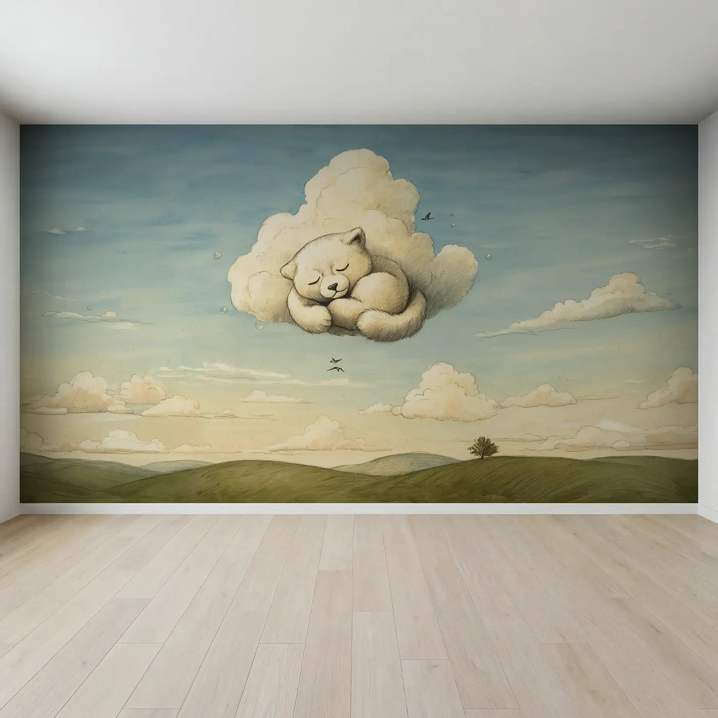 Full view of Sleeping Cloud Animal Sky Wallpaper Mural by Whimsy Tots
