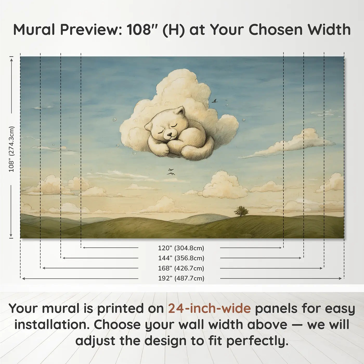 Panel layout and dimensions for Sleeping Cloud Animal Sky Wallpaper Mural by Whimsy Tots