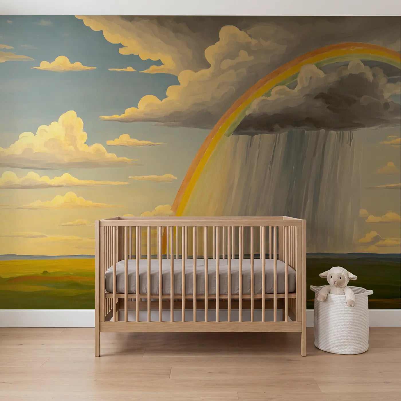 Modern illustration rain curtain virga in sky wallpaper mural for nursery by Whimsy Tots