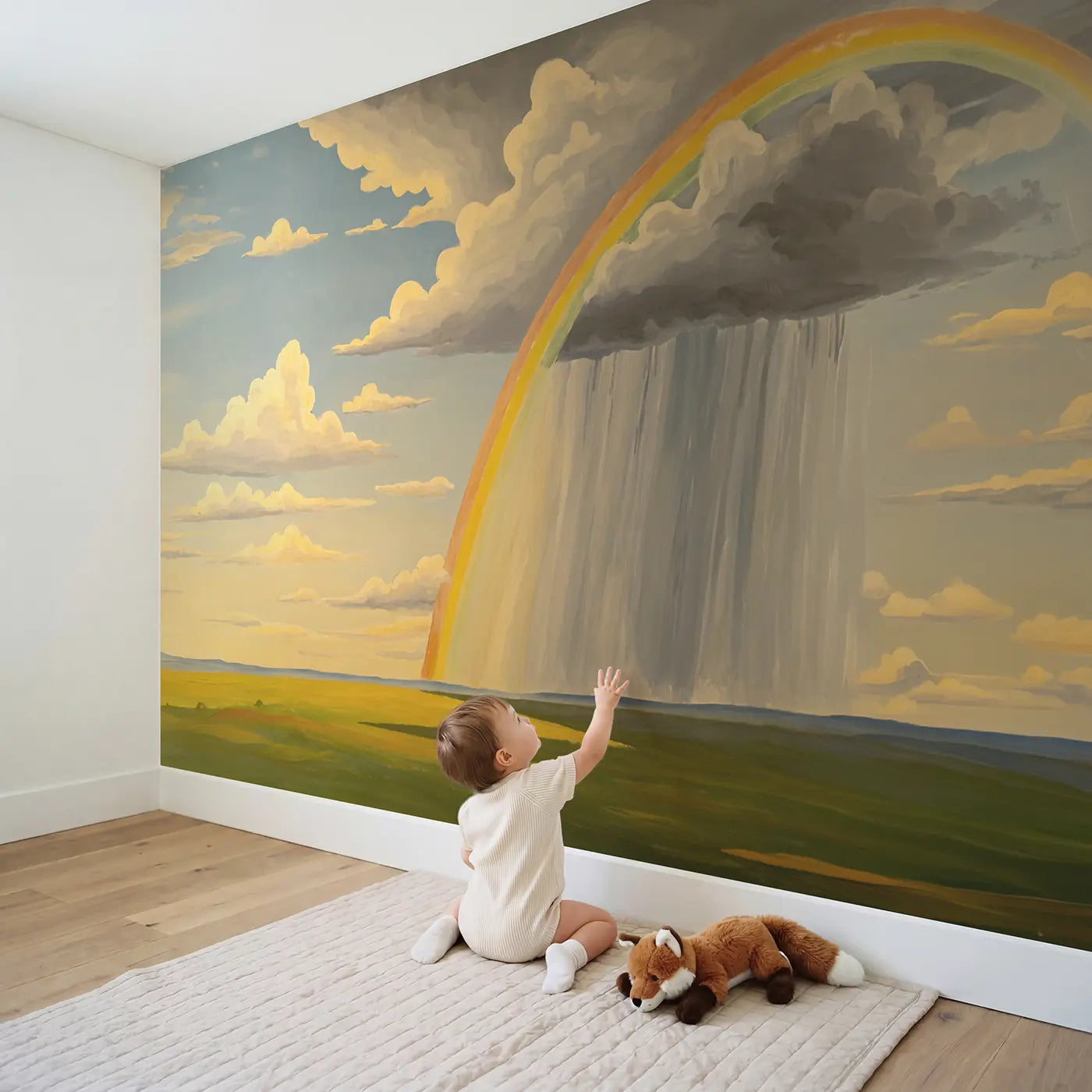 Child in nursery with Rain Curtain Virga Sky Wallpaper Mural by Whimsy Tots