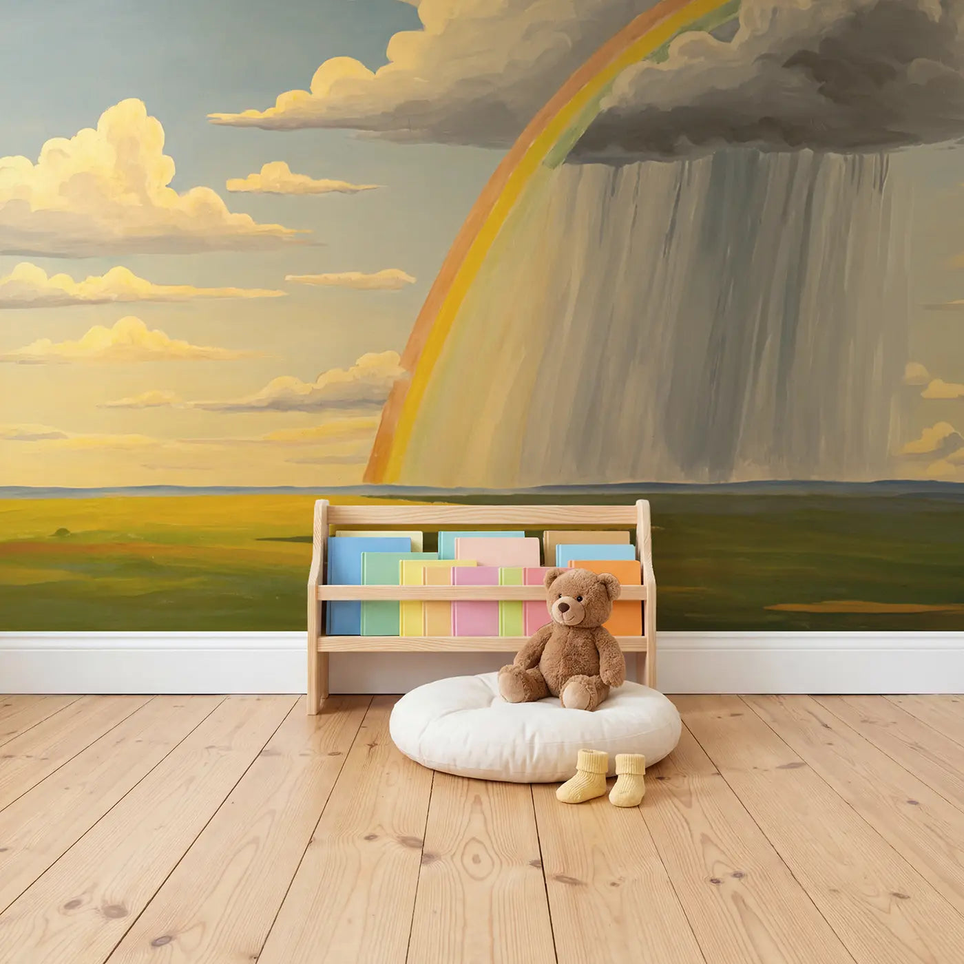 Rain Curtain Virga Sky Wallpaper Mural in playroom setting by Whimsy Tots