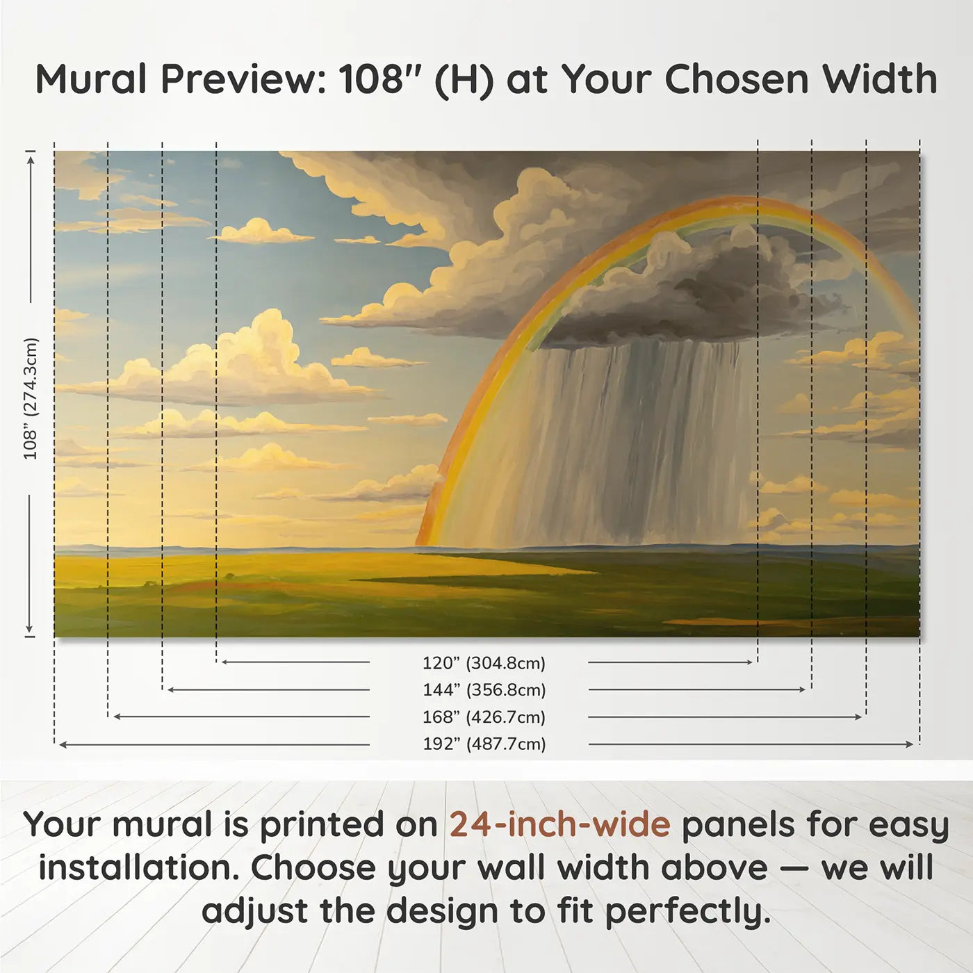 Panel layout and dimensions for Rain Curtain Virga Sky Wallpaper Mural by Whimsy Tots