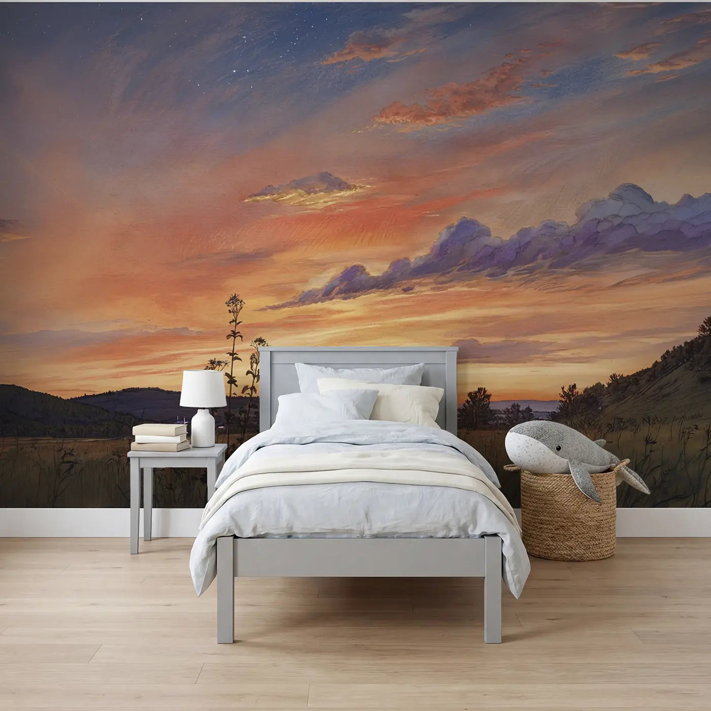 Storybook sunset sky wallpaper mural for kids room by Whimsy Tots
