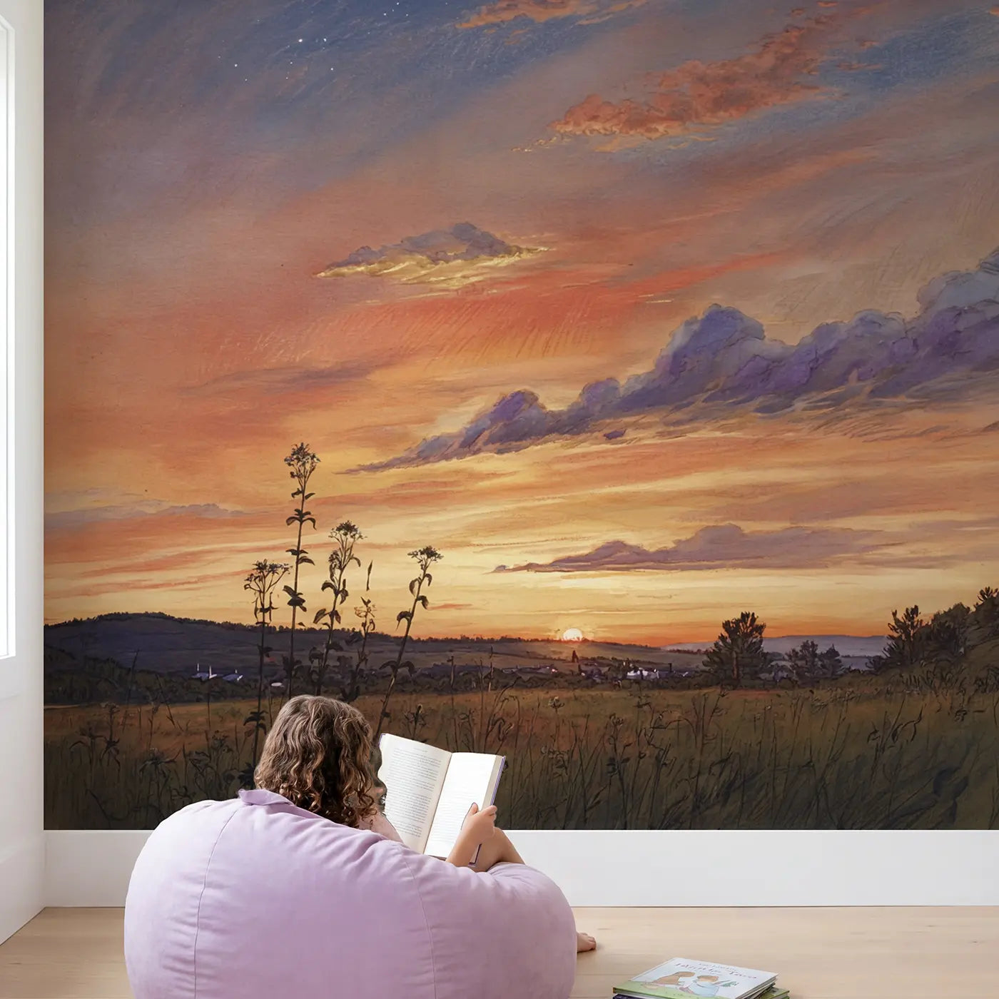 Child in nursery with Volcanic Sunset Panorama Wallpaper Mural by Whimsy Tots