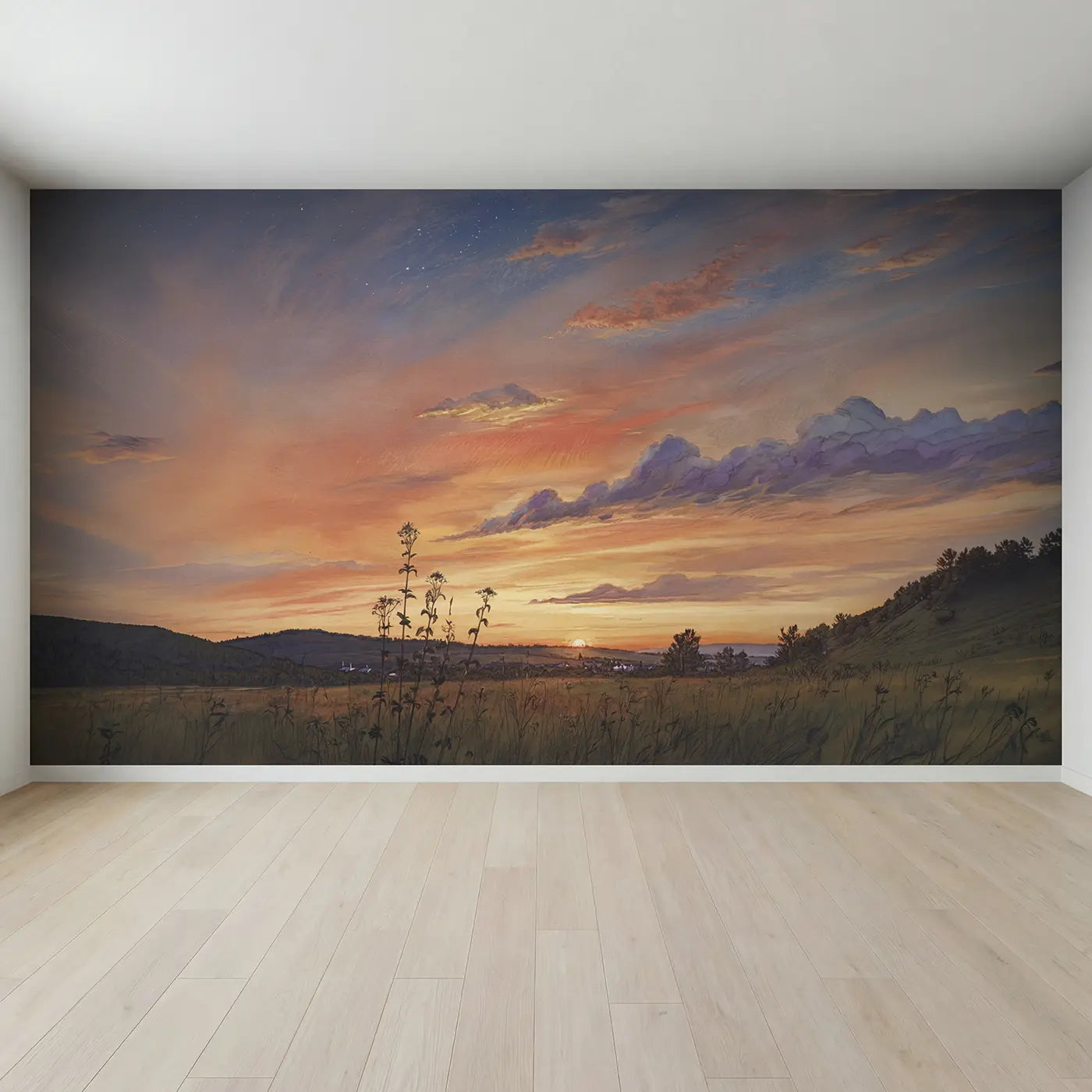 Full view of Volcanic Sunset Panorama Wallpaper Mural by Whimsy Tots