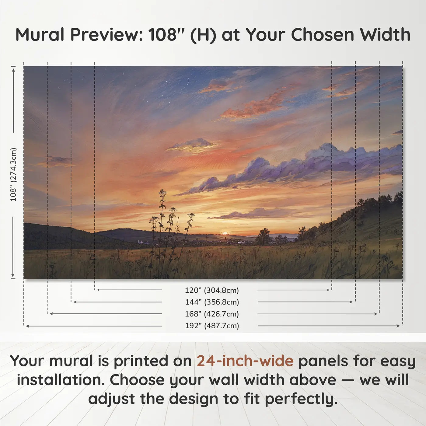 Panel layout and dimensions for Volcanic Sunset Panorama Wallpaper Mural by Whimsy Tots