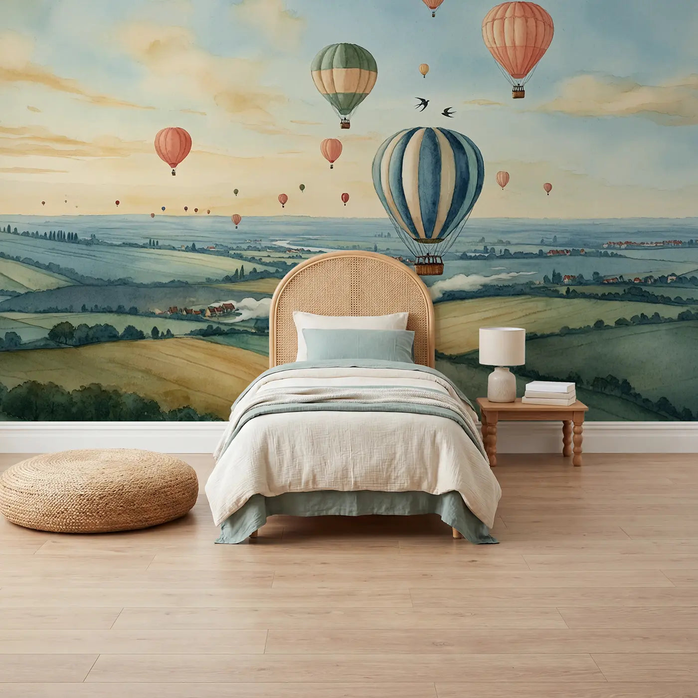 Watercolor morning hot air balloon skyscape wallpaper mural for kids room by Whimsy Tots