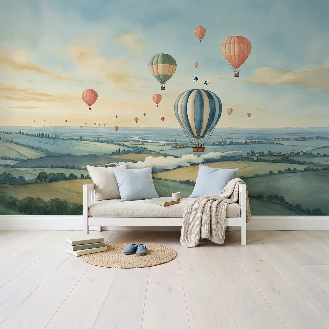 Morning Balloon Skyscape Wallpaper Mural in playroom setting by Whimsy Tots