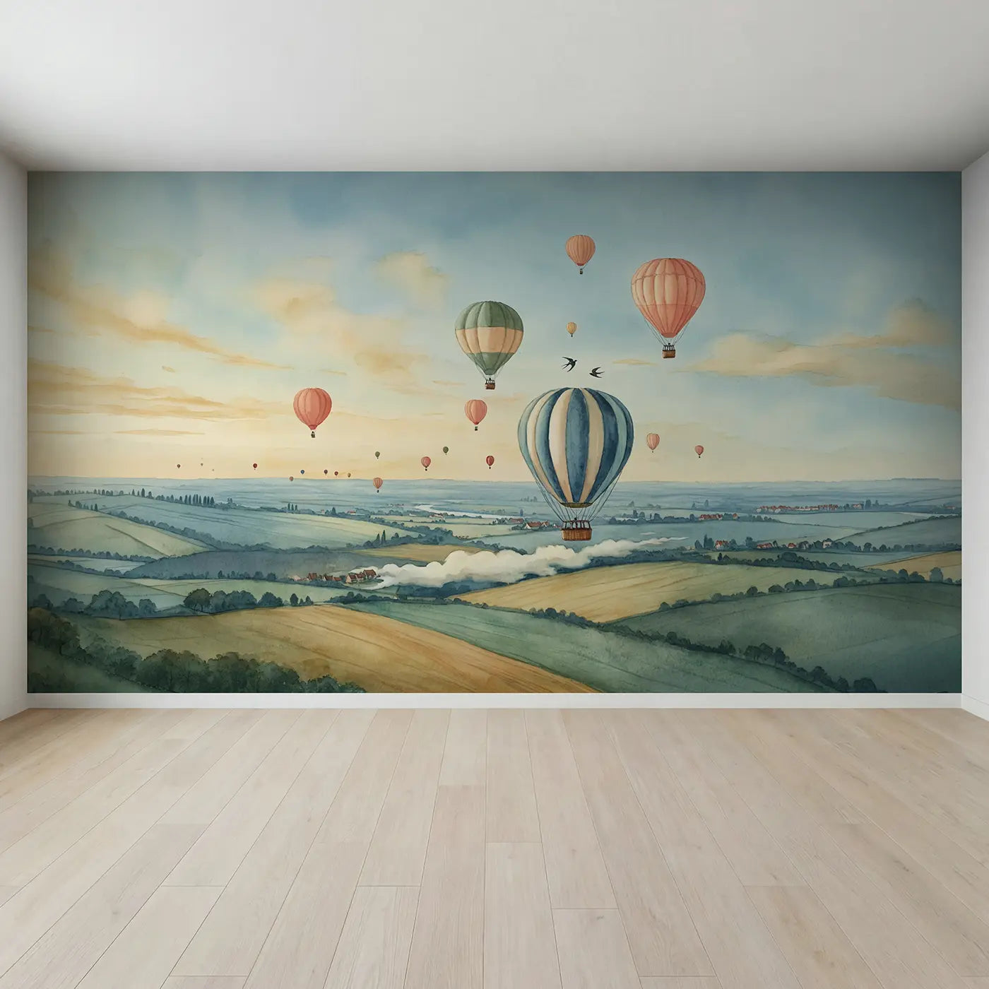Full view of Morning Balloon Skyscape Wallpaper Mural by Whimsy Tots