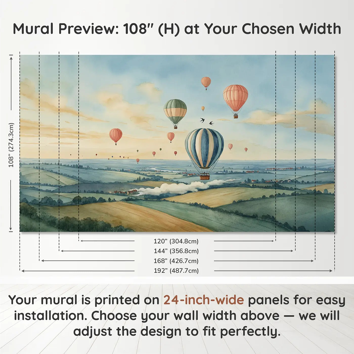 Panel layout and dimensions for Morning Balloon Skyscape Wallpaper Mural by Whimsy Tots