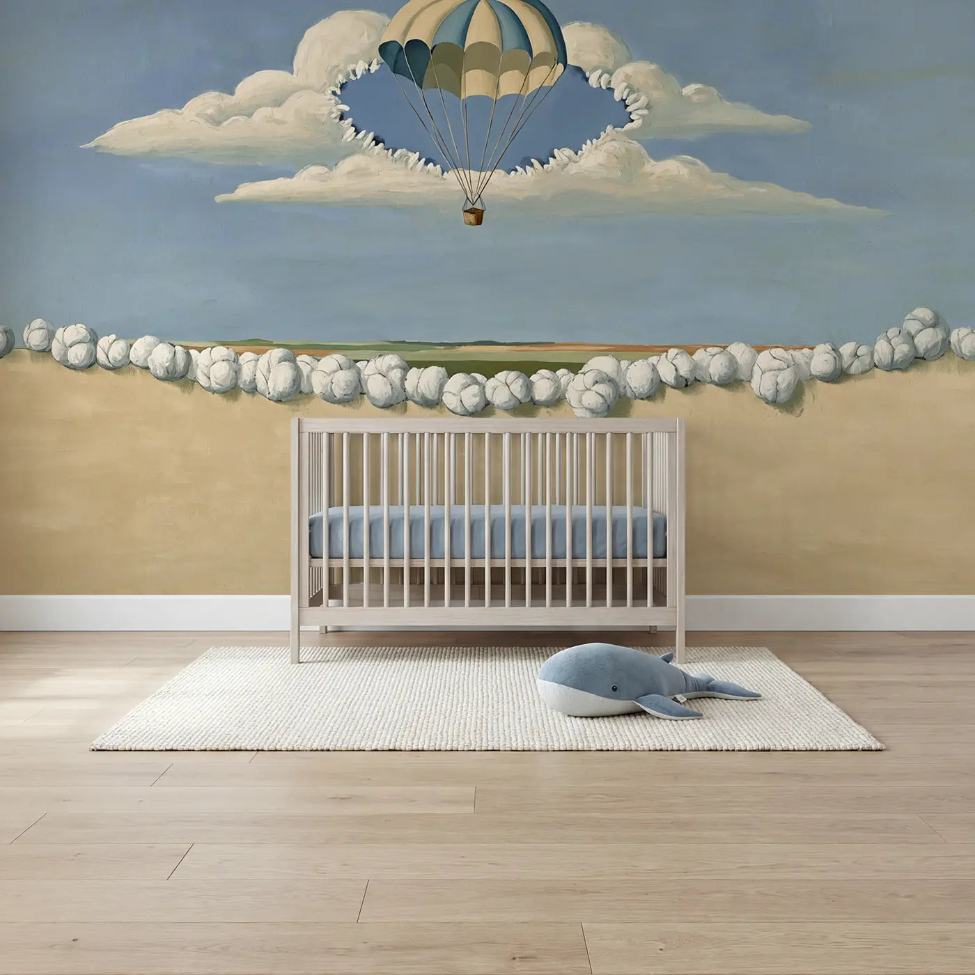 Modern Illustration cloud break parachute sky wallpaper mural for nursery by Whimsy Tots