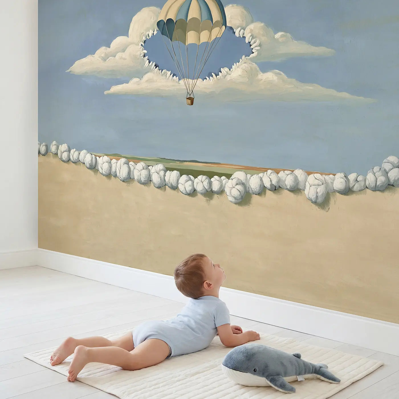 Child in nursery with Cloud Break Parachute Sky Wallpaper Mural by Whimsy Tots