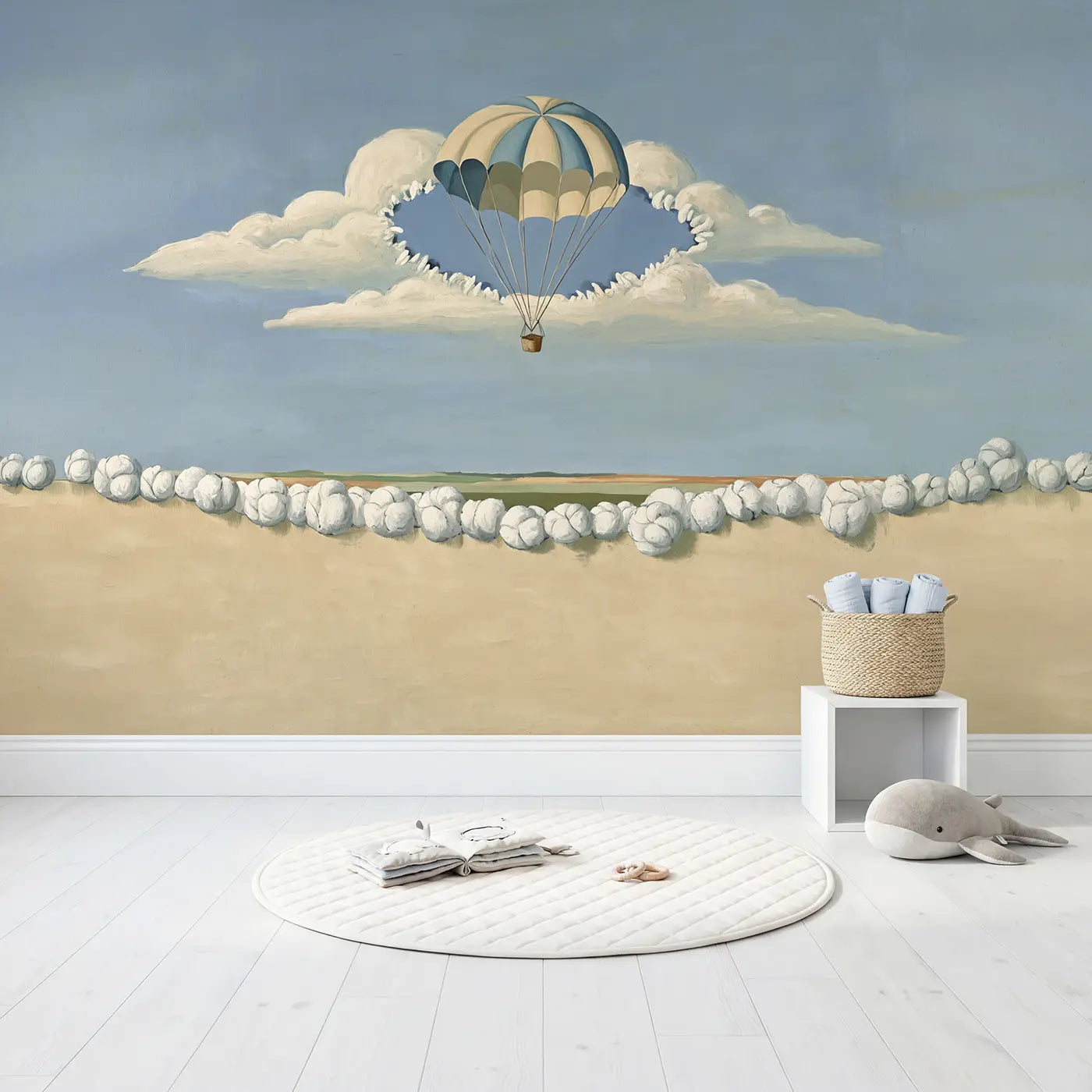 Cloud Break Parachute Sky Wallpaper Mural in playroom setting by Whimsy Tots