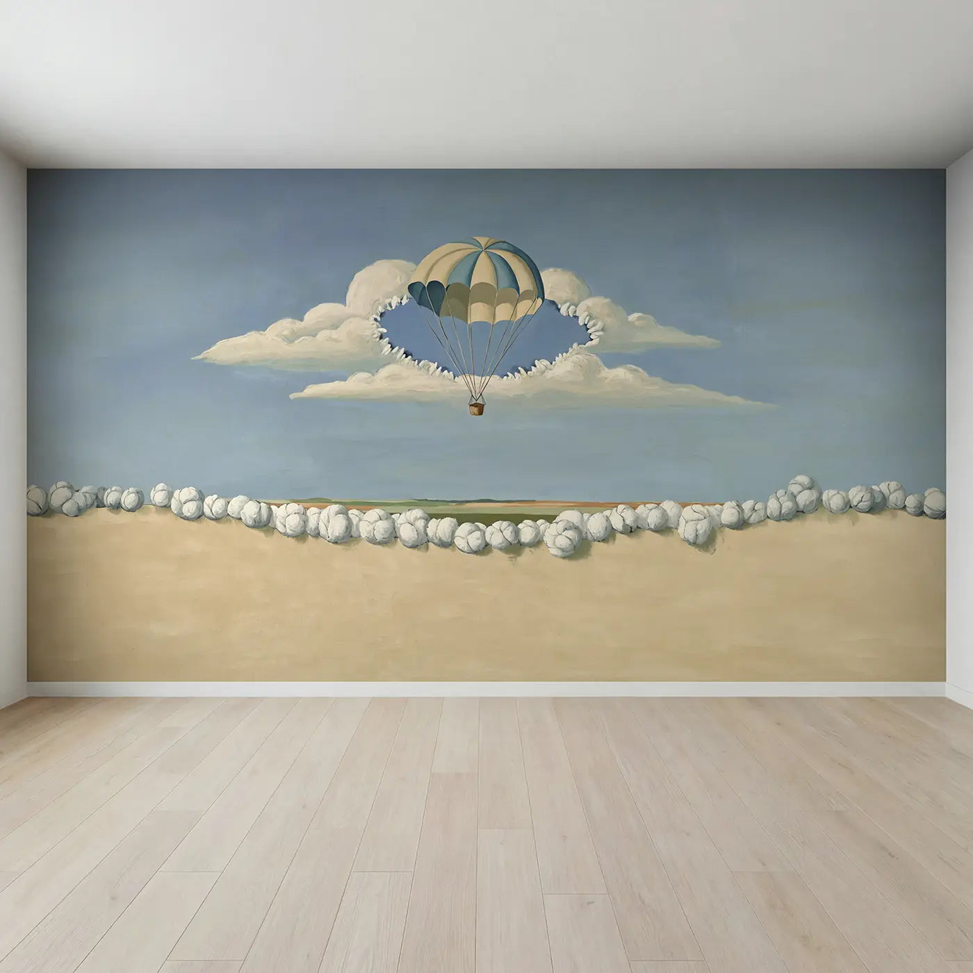 Full view of Cloud Break Parachute Sky Wallpaper Mural by Whimsy Tots