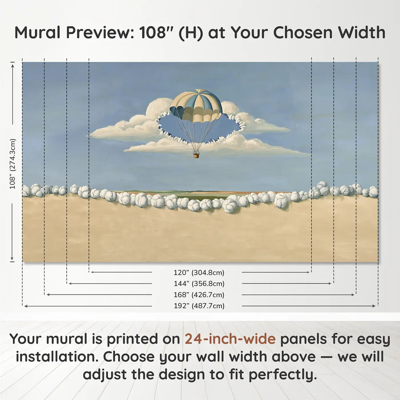 Panel layout and dimensions for Cloud Break Parachute Sky Wallpaper Mural by Whimsy Tots