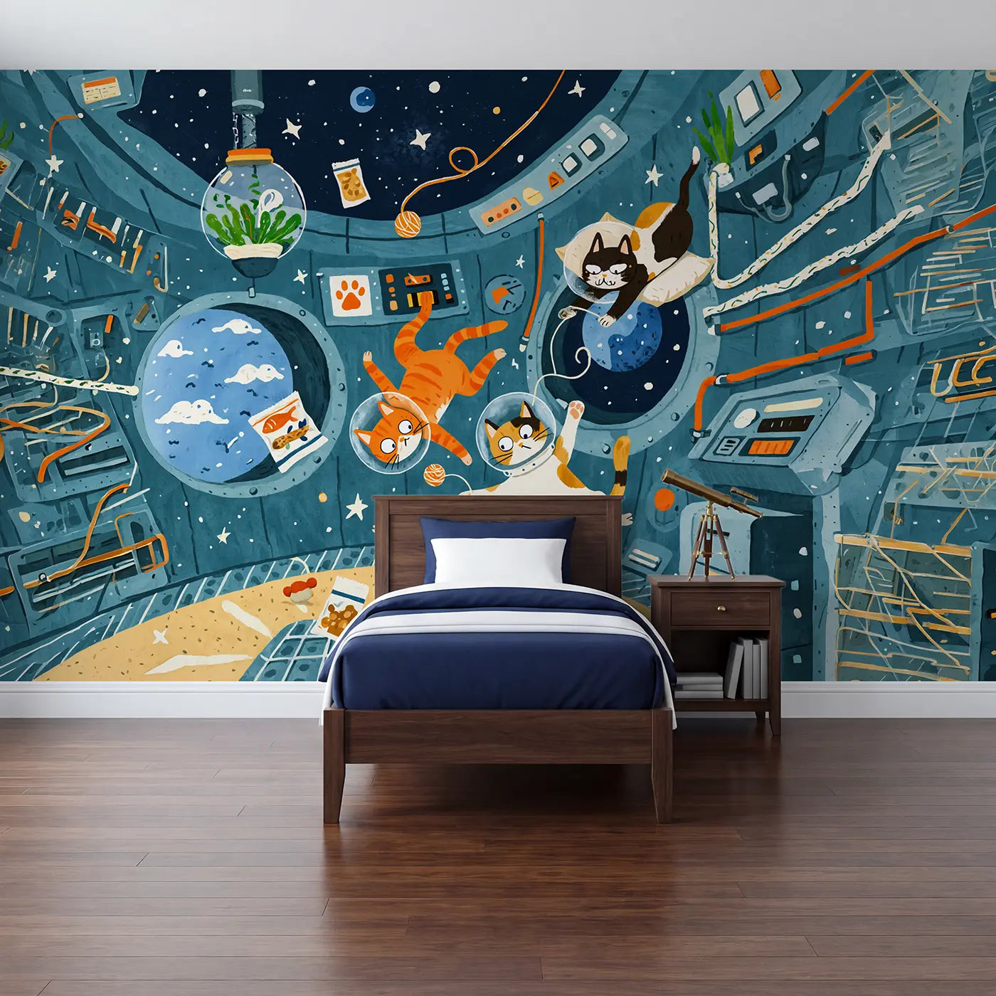Modern illustration astronaut cats space station wallpaper mural for kids room by Whimsy Tots