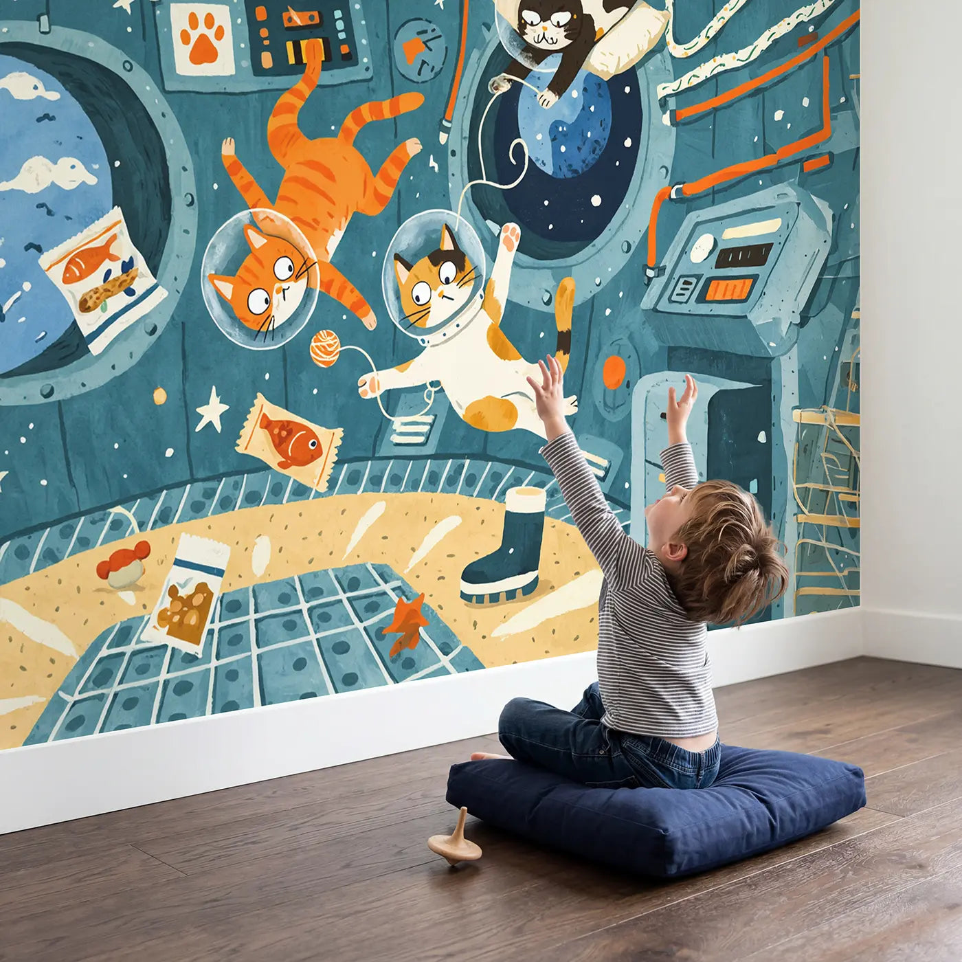 Child in nursery with Astronaut Cats Space Station Wallpaper Mural by Whimsy Tots