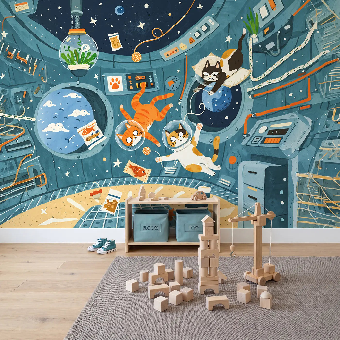 Astronaut Cats Space Station Wallpaper Mural in playroom setting by Whimsy Tots