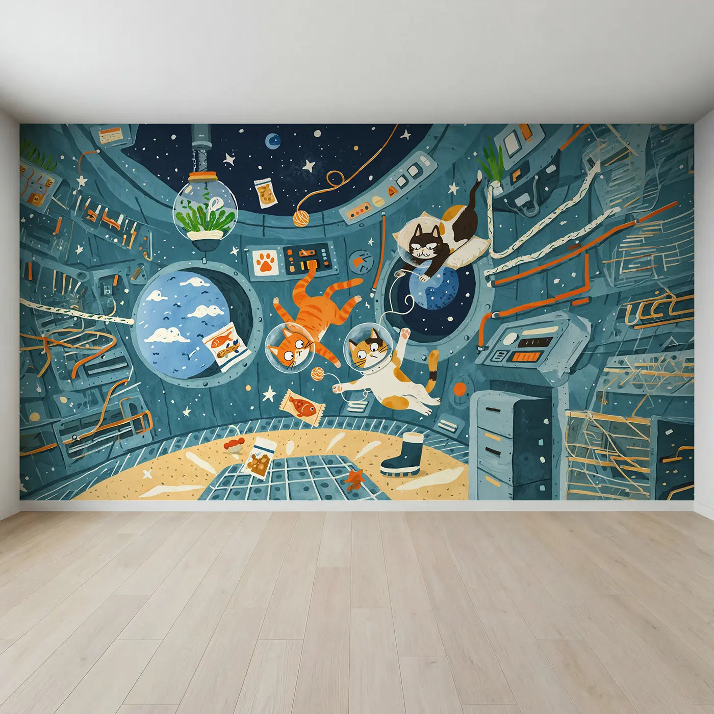 Full view of Astronaut Cats Space Station Wallpaper Mural by Whimsy Tots