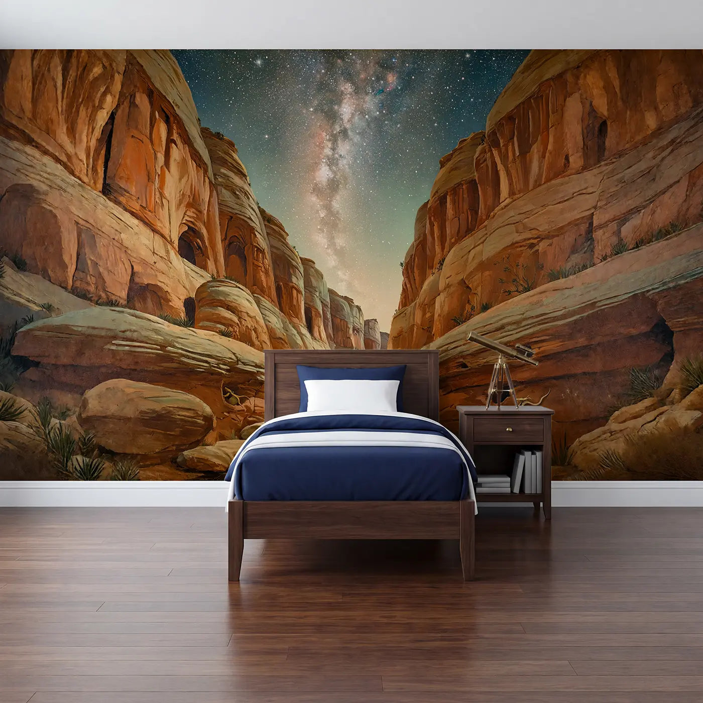 Painted landscape starry sky from canyon floor wallpaper mural for kids room by Whimsy Tots