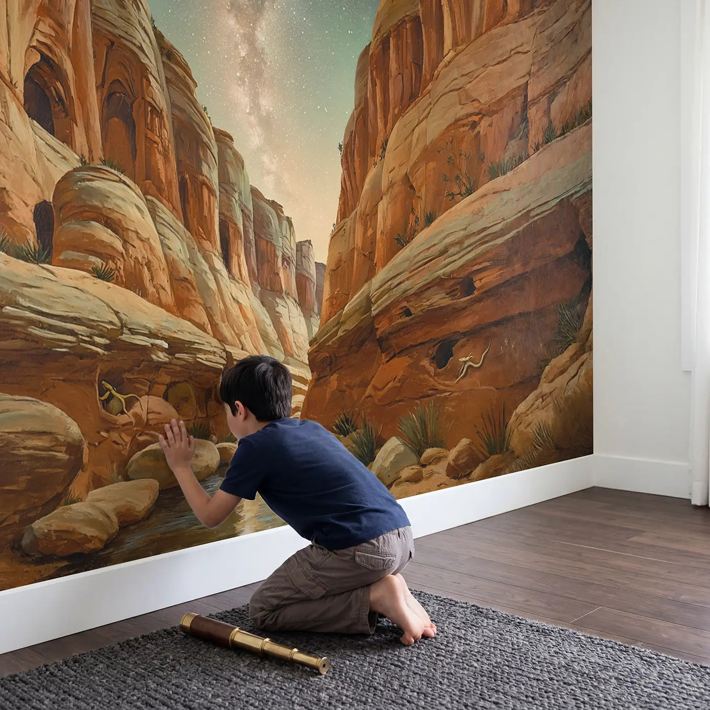 Child in nursery with Canyon Floor Stargazing Wallpaper Mural by Whimsy Tots