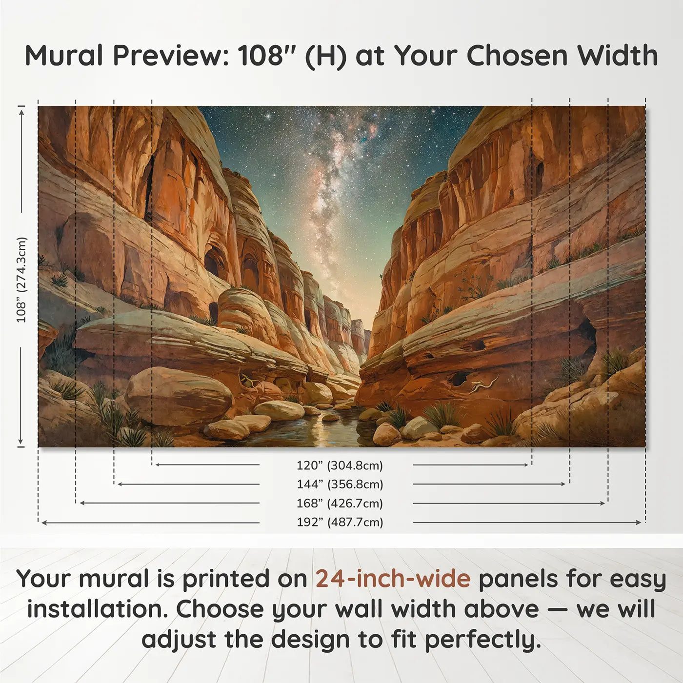 Panel layout and dimensions for Canyon Floor Stargazing Wallpaper Mural by Whimsy Tots