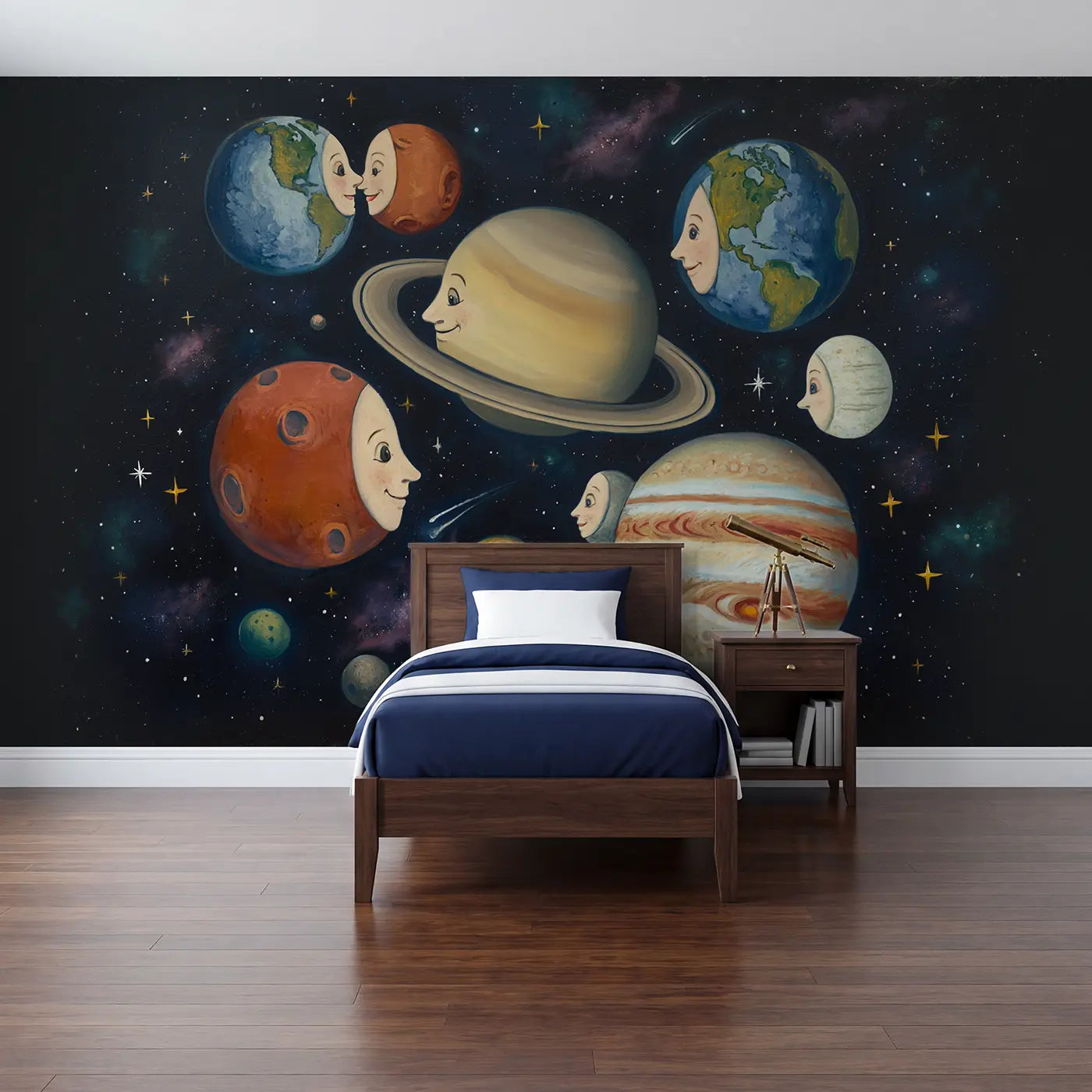 Painted landscape friendly planets space wallpaper mural for kids room by Whimsy Tots