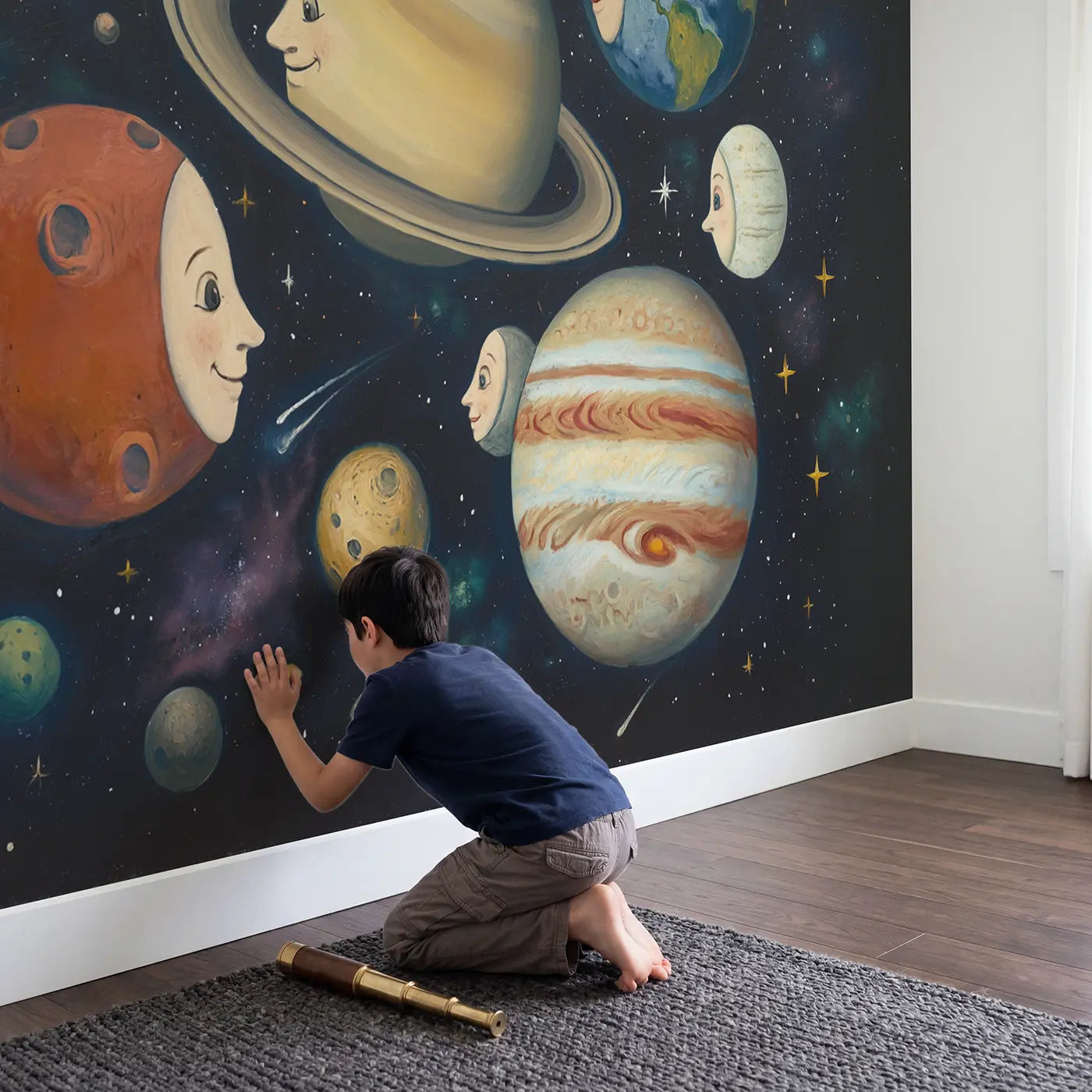 Child in nursery with Friendly Planets Chatting Wallpaper Mural by Whimsy Tots