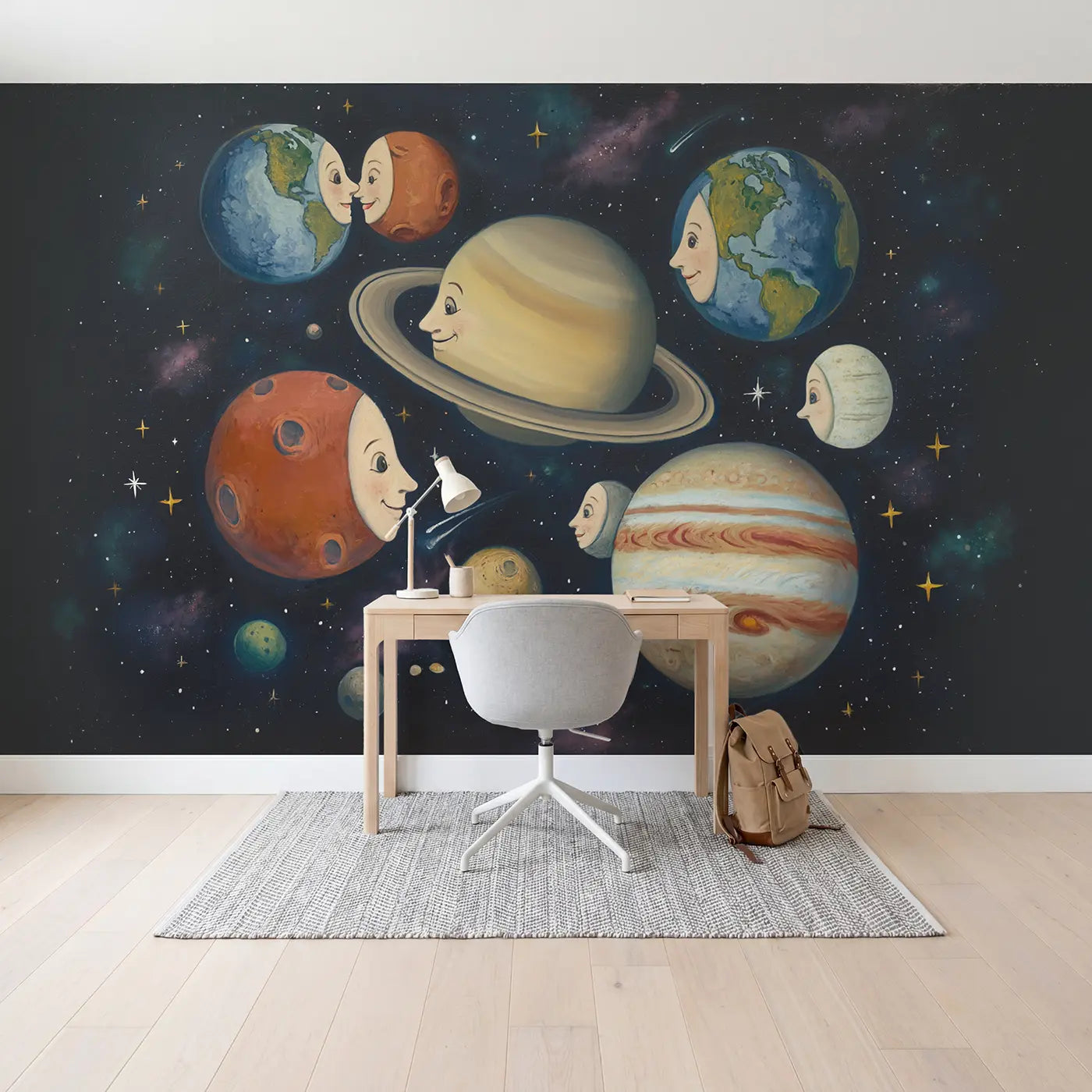 Friendly Planets Chatting Wallpaper Mural in playroom setting by Whimsy Tots