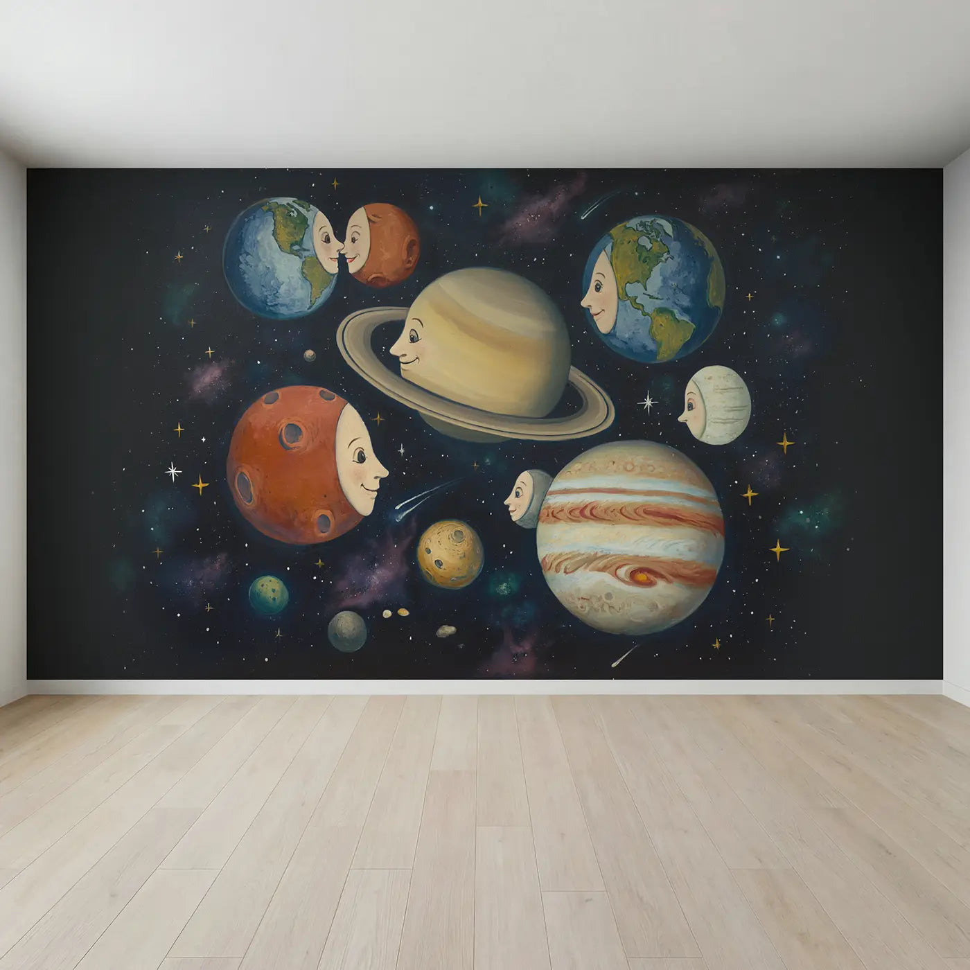 Full view of Friendly Planets Chatting Wallpaper Mural by Whimsy Tots