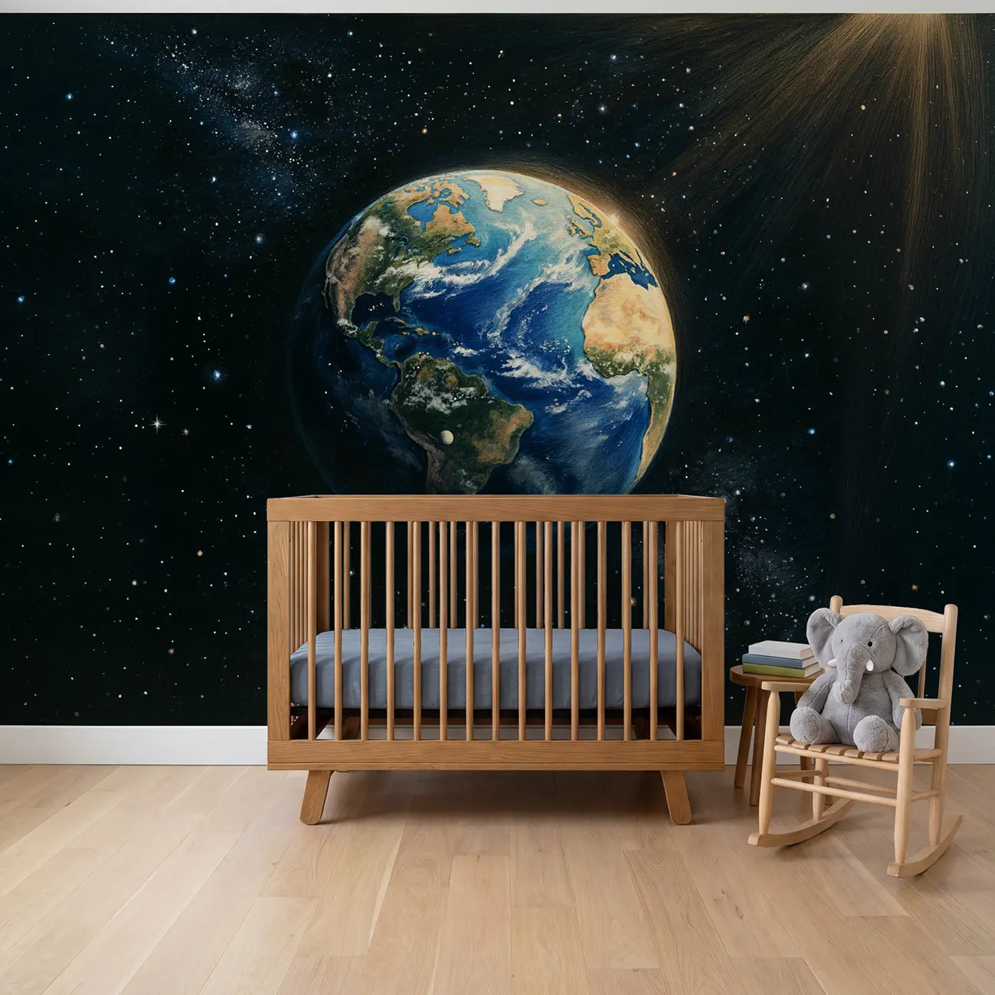 storybook illustration planet Earth blue marble space mural for nursery by Whimsy Tots