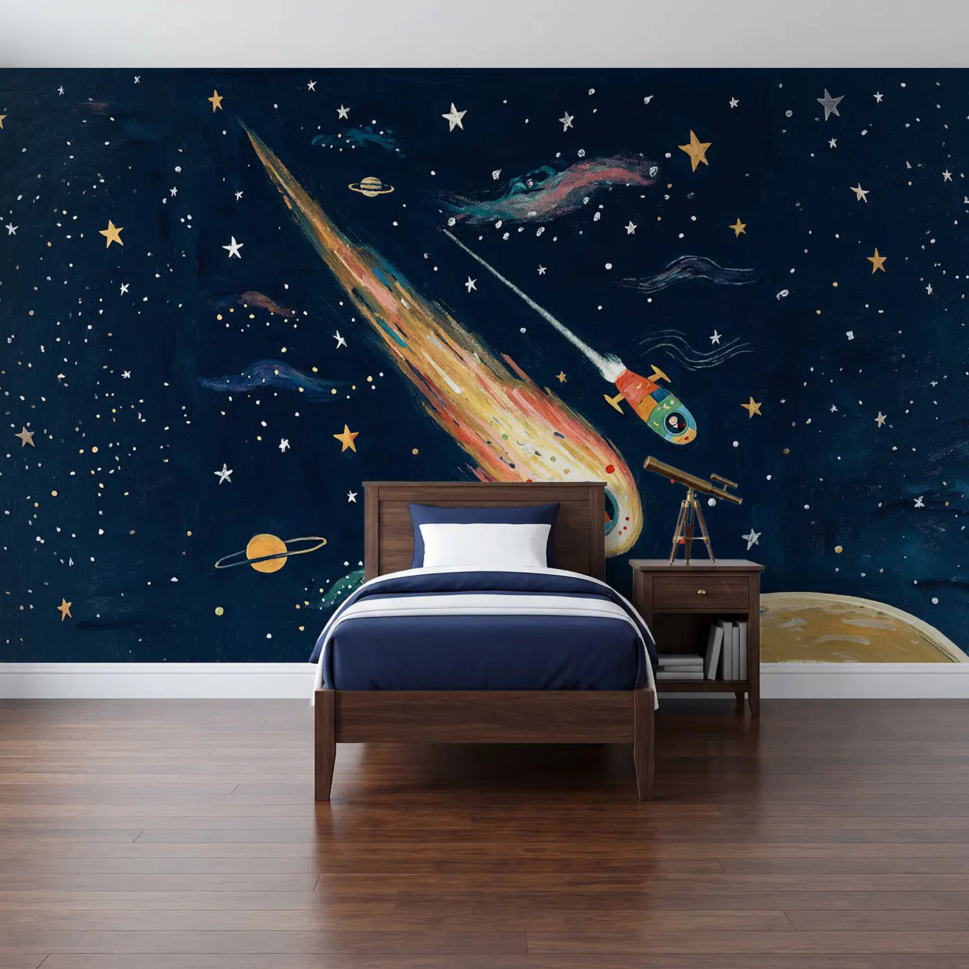 Modern illustration spacecraft comet space wallpaper mural for kids room by Whimsy Tots